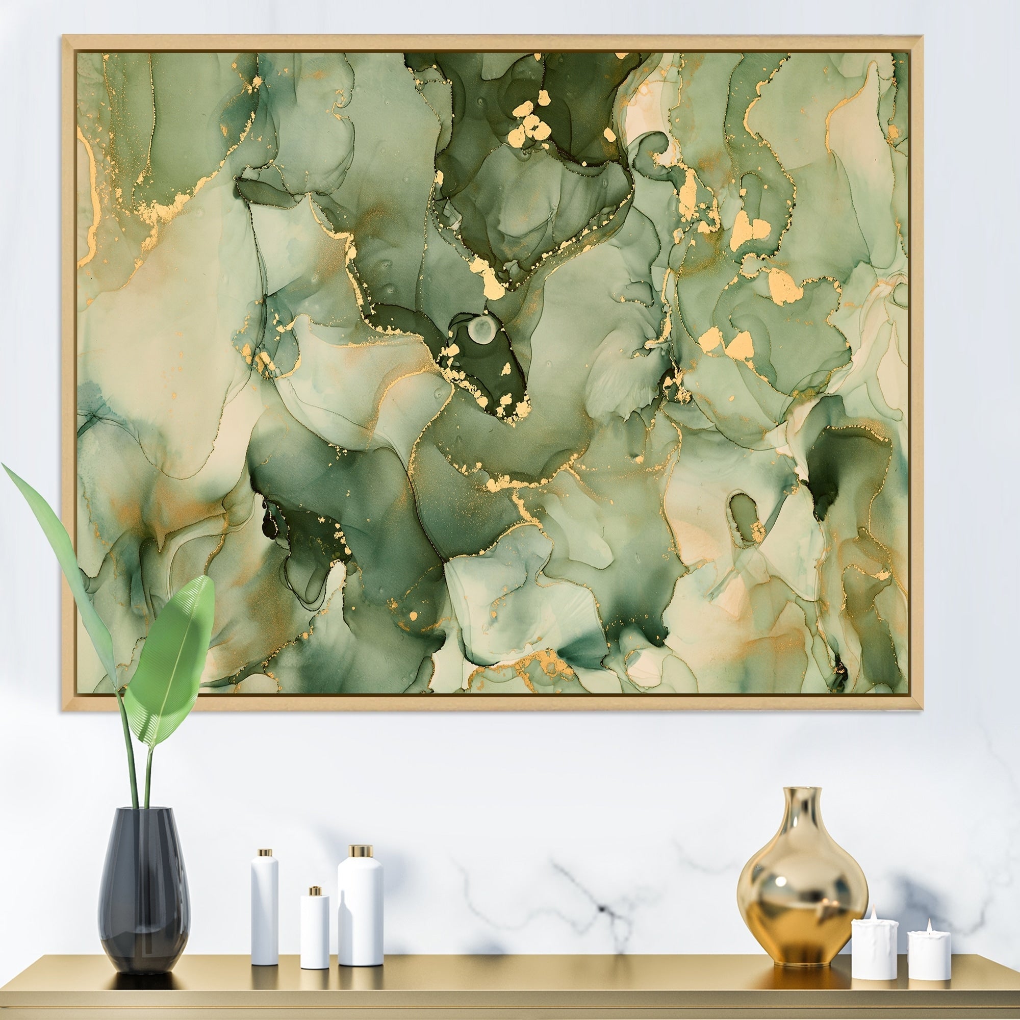 Impression sur toile encadrée moderne Designart Green Luxury Abstract Fluid Art I