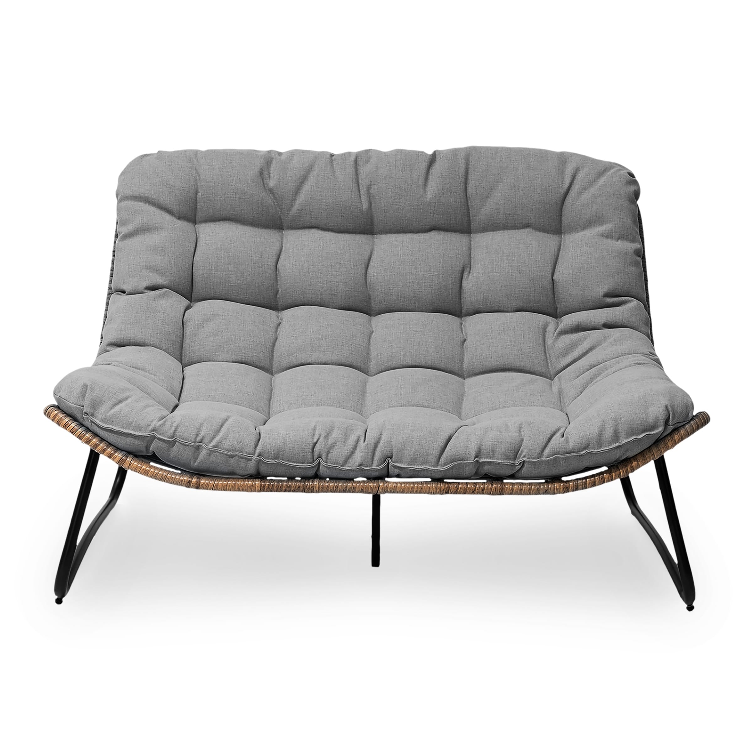 Fauteuil Papasan double avec coussin, rotin PE toutes saisons et cadre en métal pour intérieur et extérieur