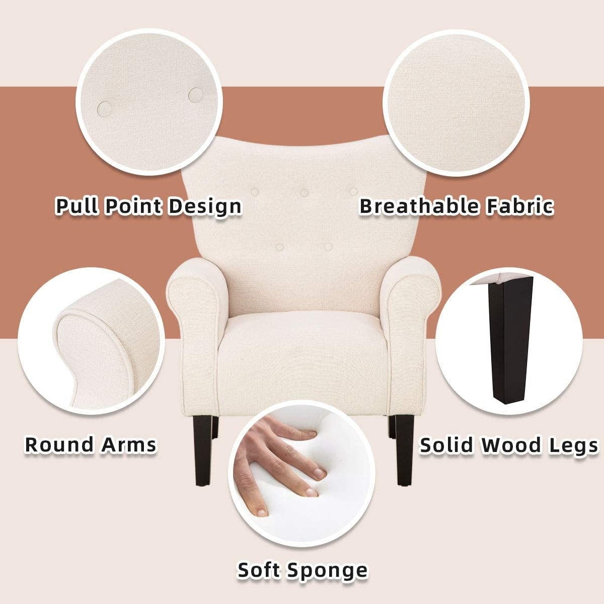 Fauteuil d'appoint moderne Erommy, fauteuil à dossier haut, canapé simple en tissu rembourré avec pieds en bois pour le salon