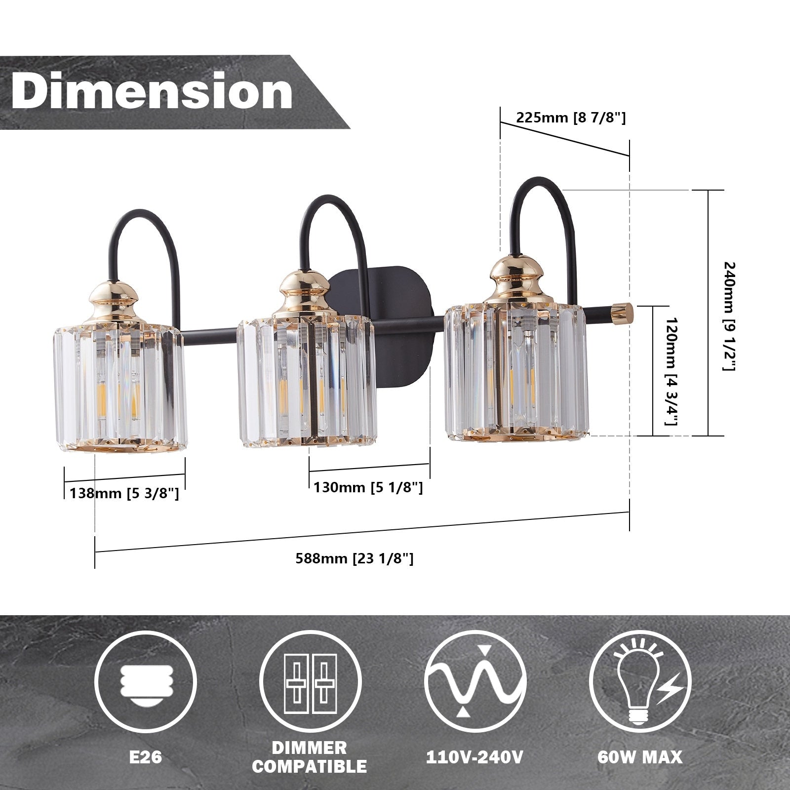 Appliques murales modernes ExBrite en cristal doré rose à 1, 2, 3, 4 ou 5 lumières pour salle de bain, à intensité variable