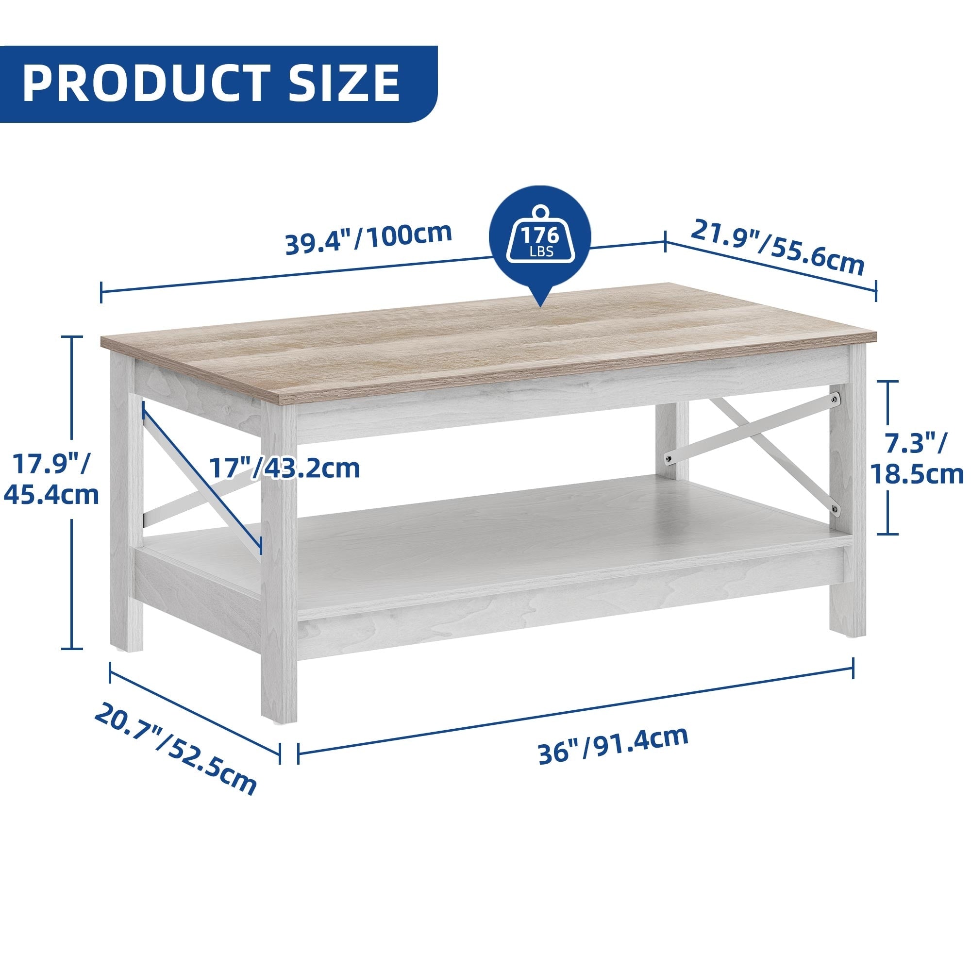 Table basse de style ferme avec rangement, table centrale à 2 niveaux pour le salon