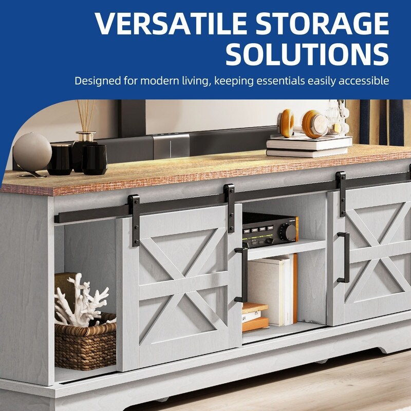 Meuble TV Farmhouse pouvant accueillir jusqu'à 65 téléviseurs avec portes et étagères ouvertes Console multimédia Prise de courant