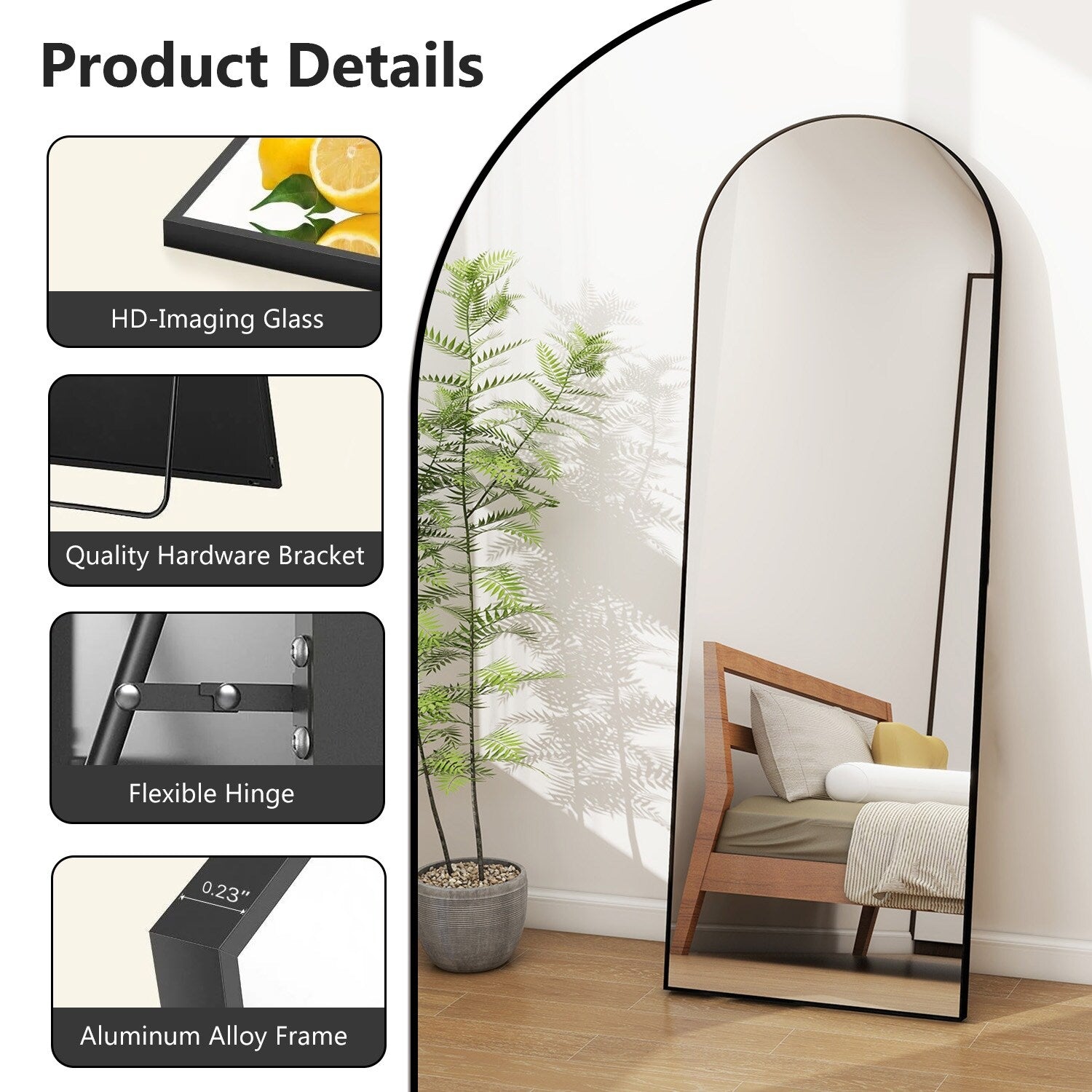 Miroir arqué pleine longueur avec verre incassable et support, cadre en alliage d'aluminium pour vestiaire de chambre, sur pied