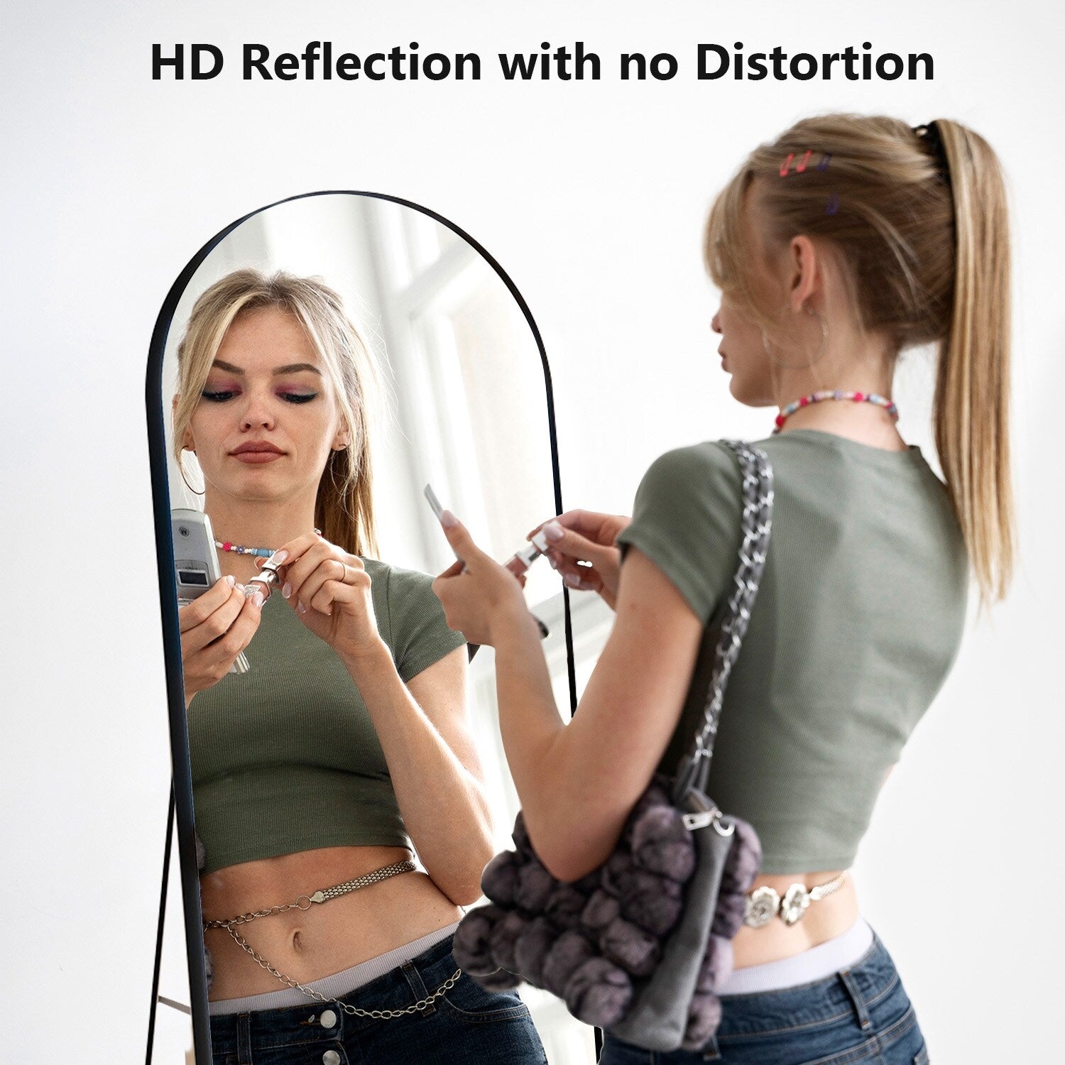 Miroir arqué pleine longueur avec verre incassable et support, cadre en alliage d'aluminium pour vestiaire de chambre, sur pied