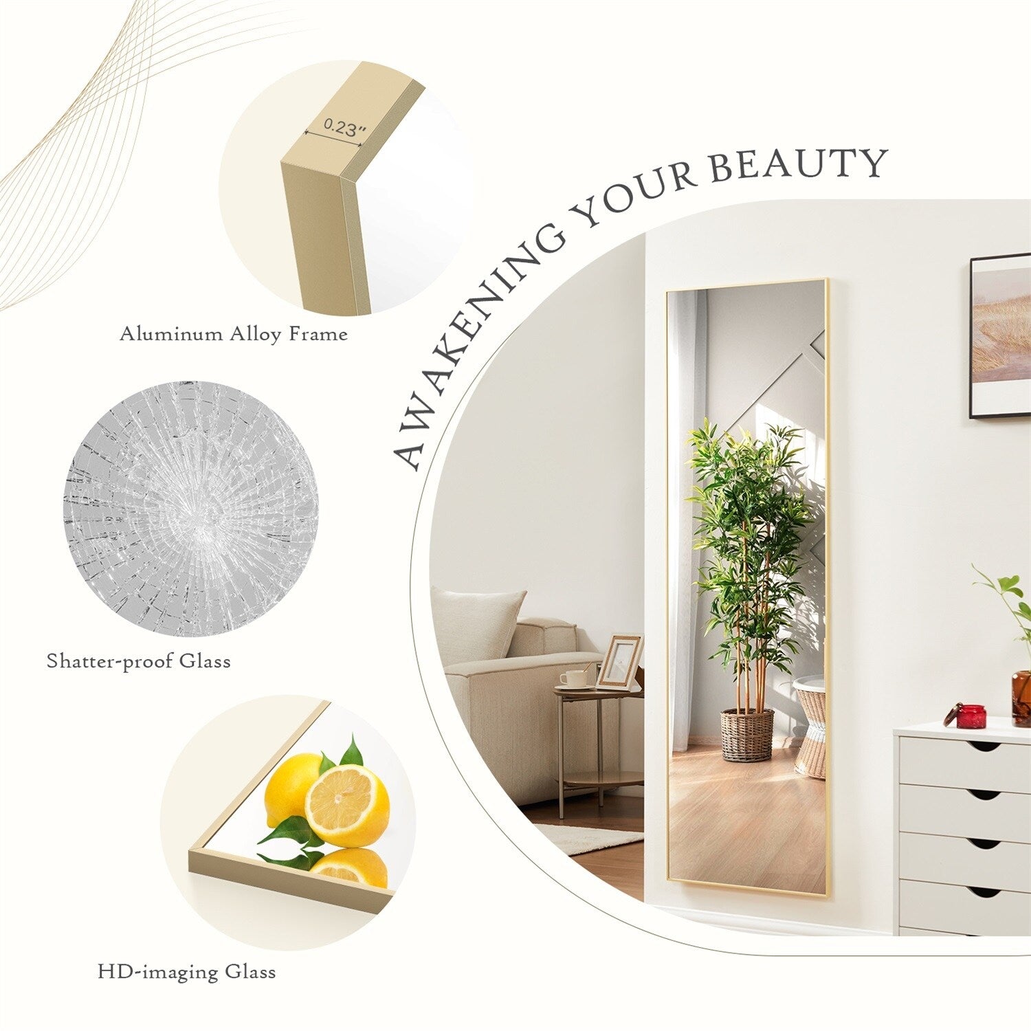 Miroir pleine longueur avec support, miroir de sol avec cadre en alliage d'aluminium pour chambre à coucher, miroir mural sur pied pour vestiaire