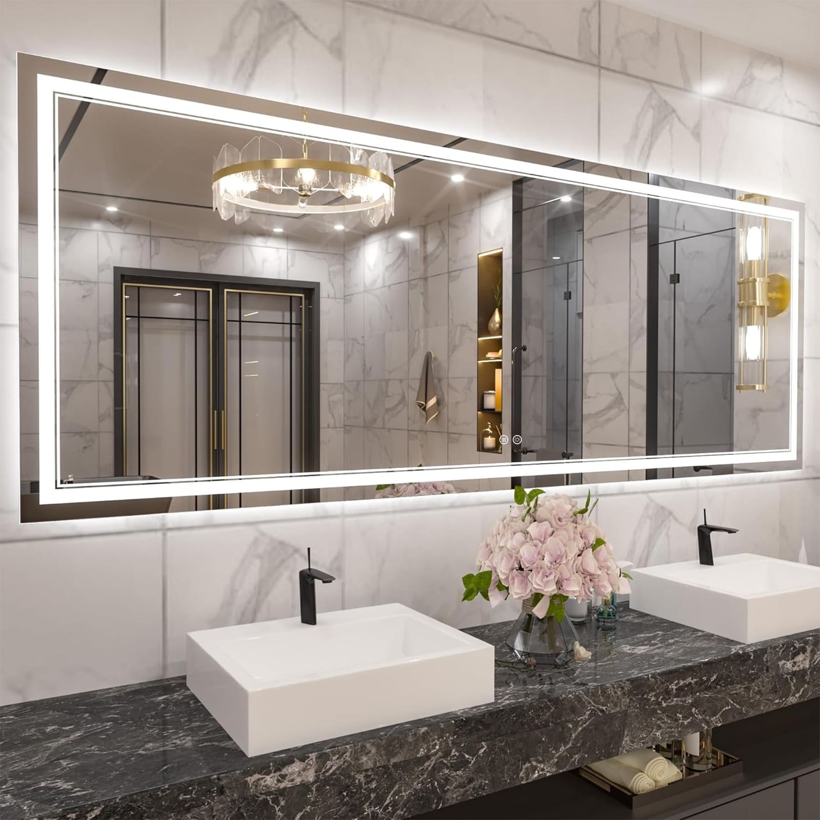 Miroir de salle de bain mural en verre trempé antibuée avec éclairage LED avant et arrière pleine grandeur