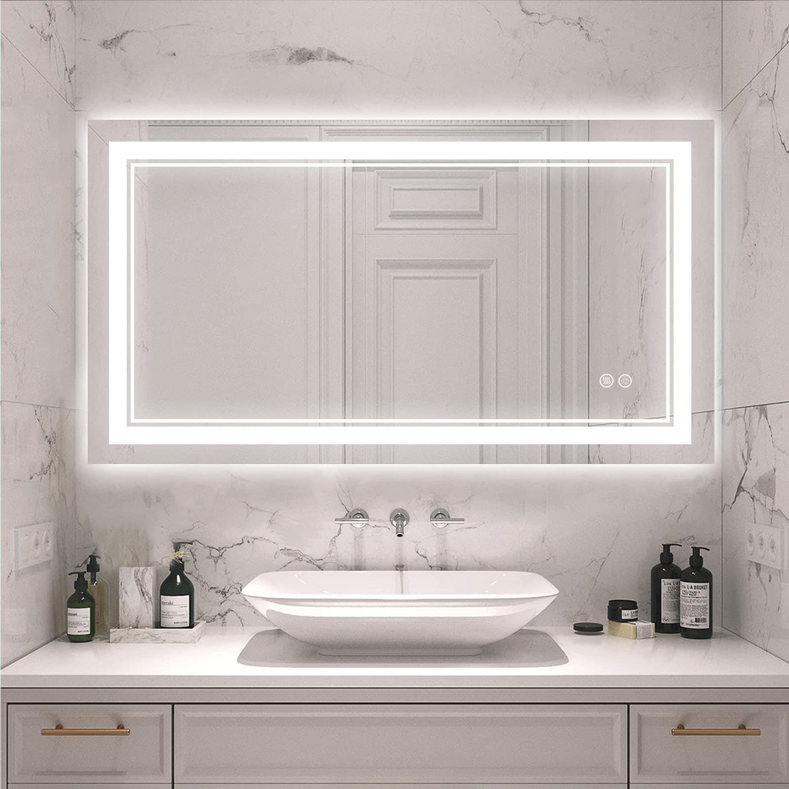 Miroir de salle de bain mural en verre trempé antibuée avec éclairage LED avant et arrière pleine grandeur
