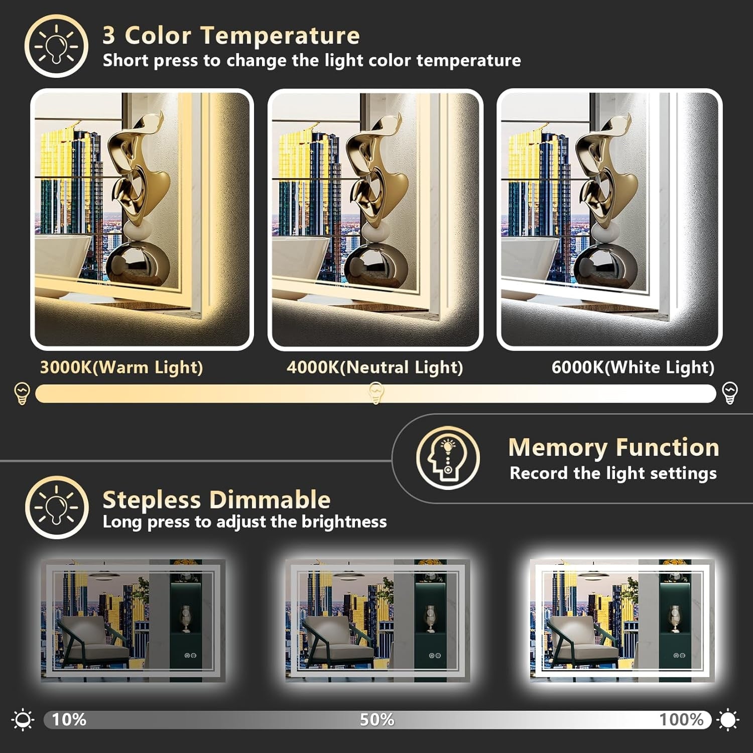 Miroir de salle de bain mural en verre trempé antibuée avec éclairage LED avant et arrière pleine grandeur