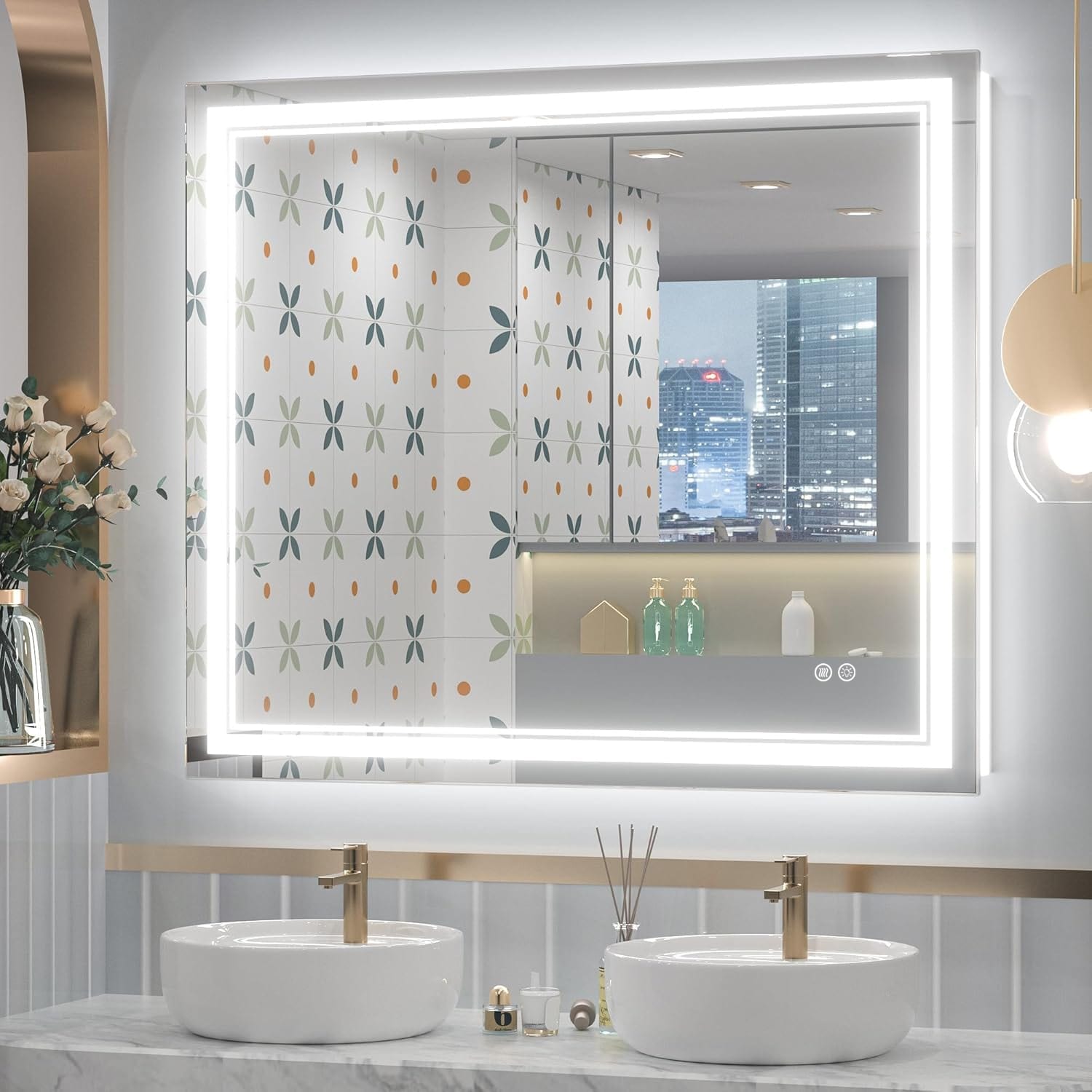 Miroir de salle de bain mural en verre trempé antibuée avec éclairage LED avant et arrière pleine grandeur