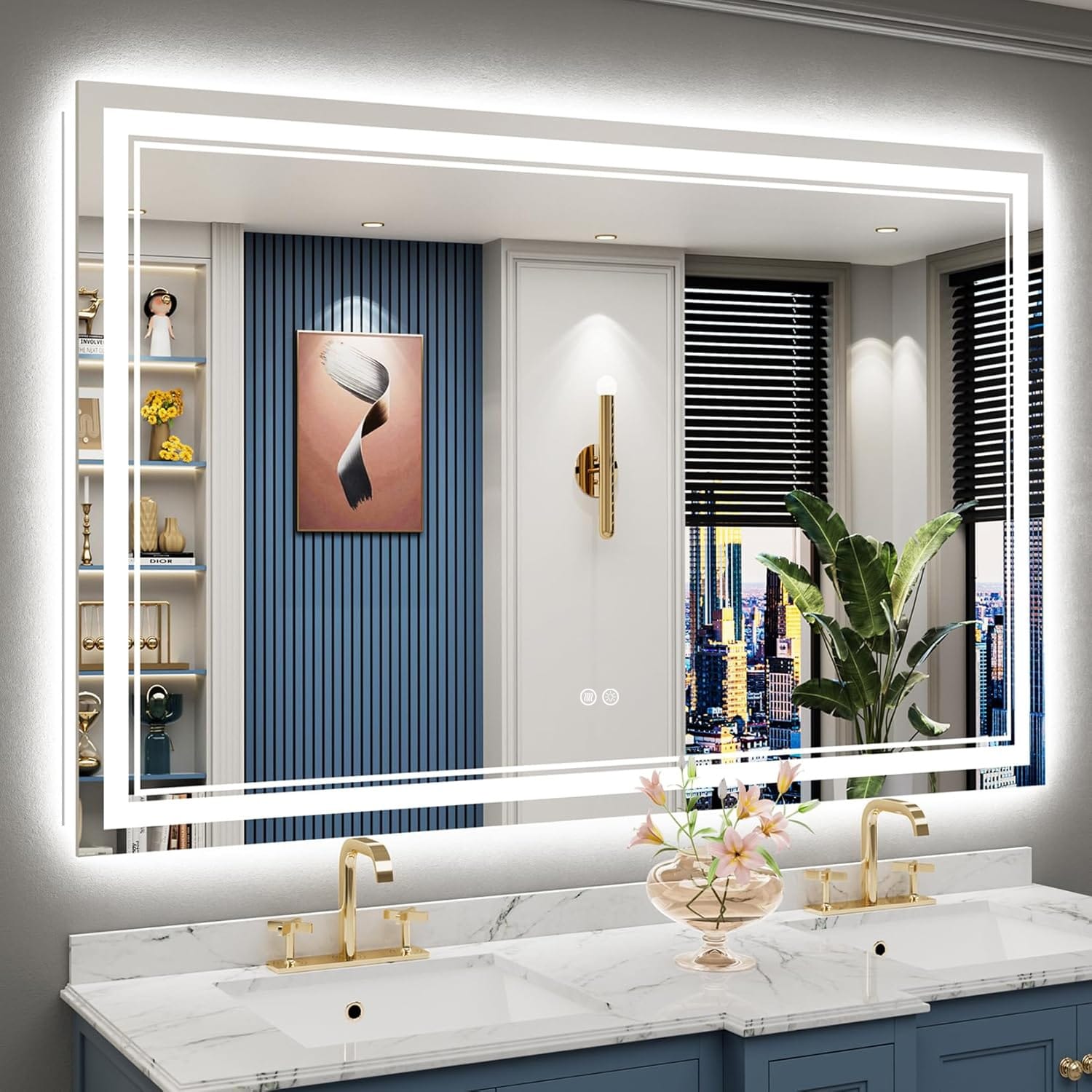 Miroir de salle de bain mural en verre trempé antibuée avec éclairage LED avant et arrière pleine grandeur