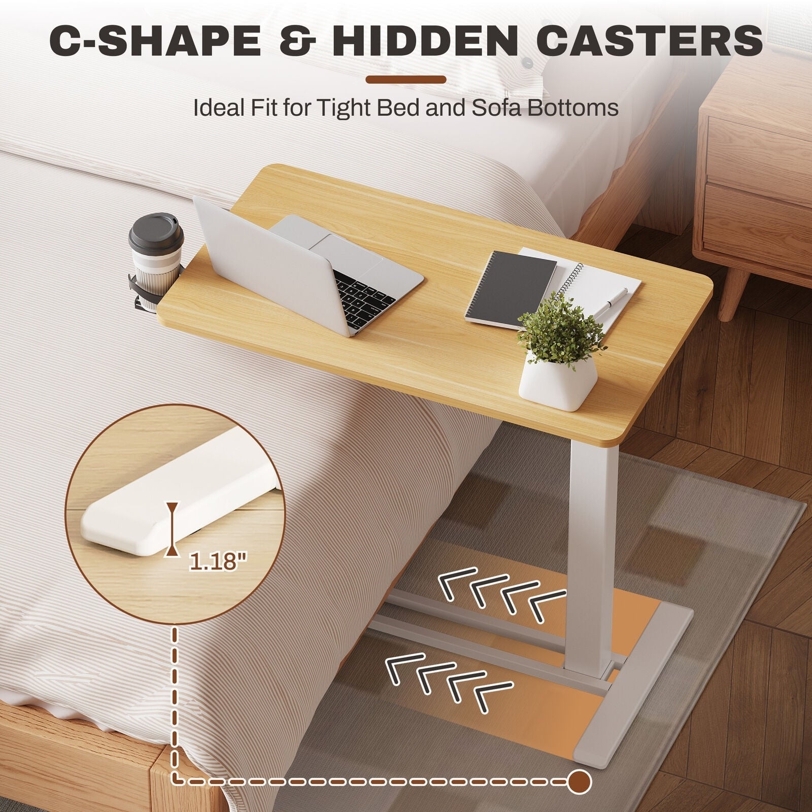 FunniHomi 28/32 Table de lit mobile à hauteur réglable avec roulettes, blanc/noir, pour ordinateur portable, pour lit et canapé