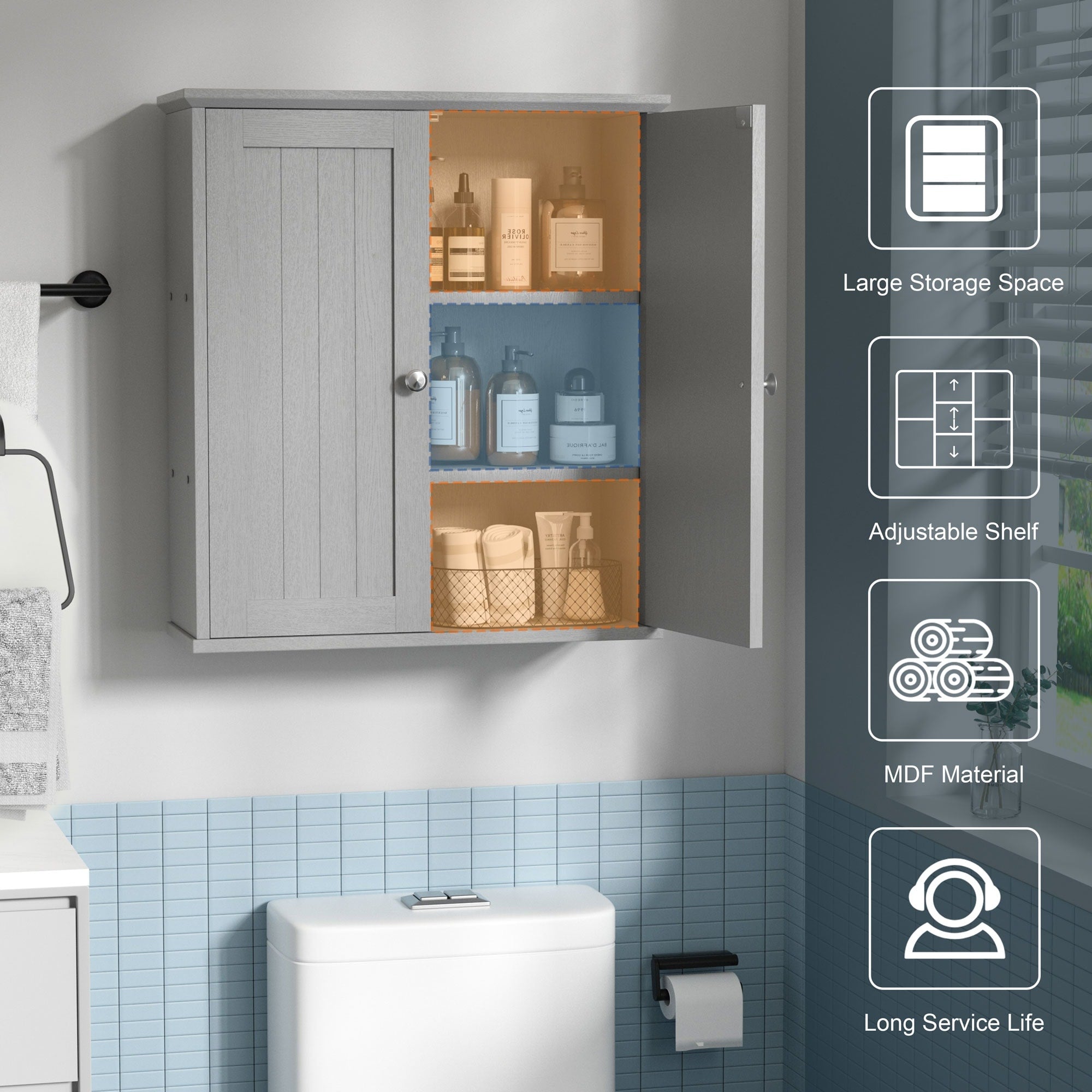 Meuble de salle de bain Futzca mural, meuble de rangement avec portes et étagères