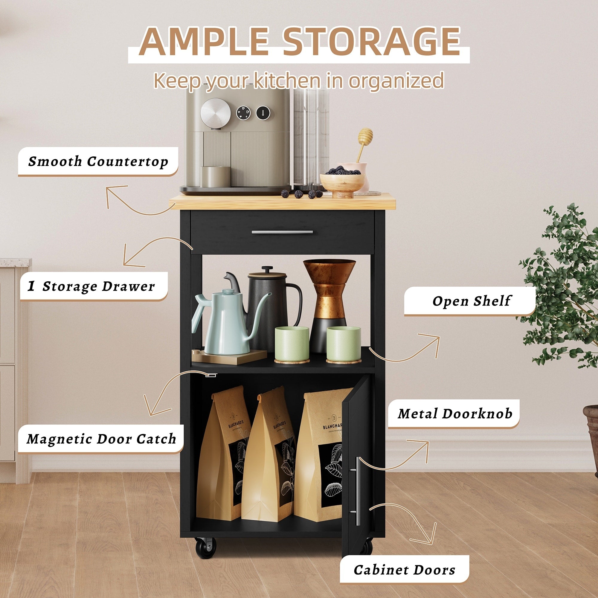 Desserte de cuisine Futzca avec rangement, table d'appoint à roulettes avec plan de travail, blanc - N/A