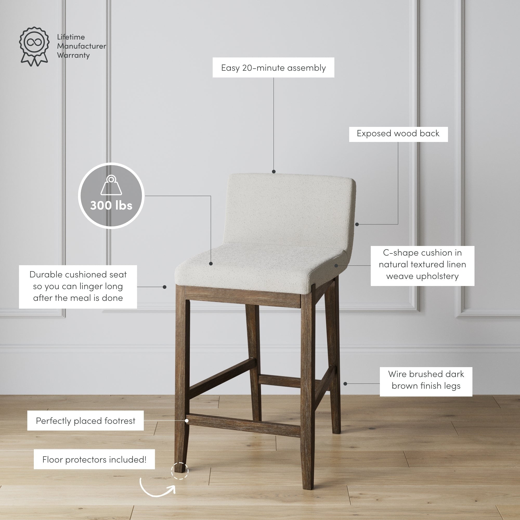 Tabouret de bar moderne Gracie, chaise rembourrée en boucle et pieds en bois brossé