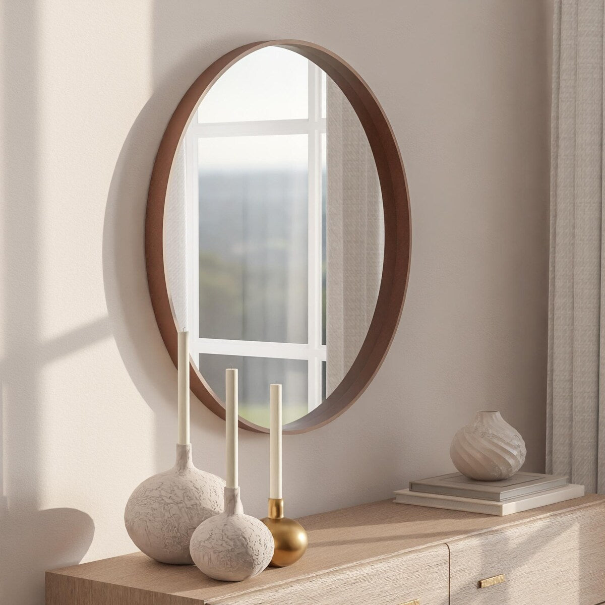 Miroir mural rond classique de style ferme avec cadre en bois
