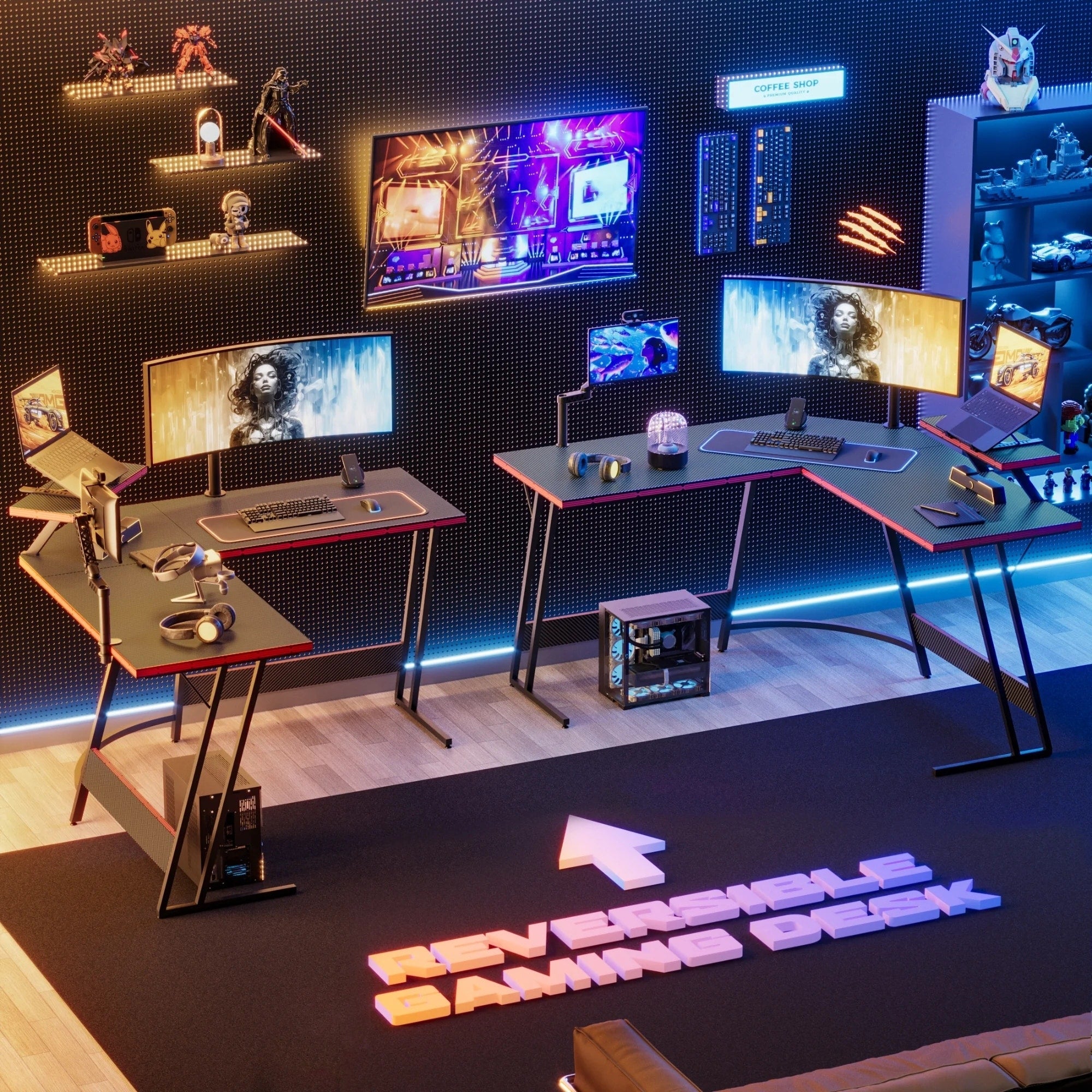 Bureau de jeu en L Homall, bureau d'angle pour ordinateur, bureau d'écriture