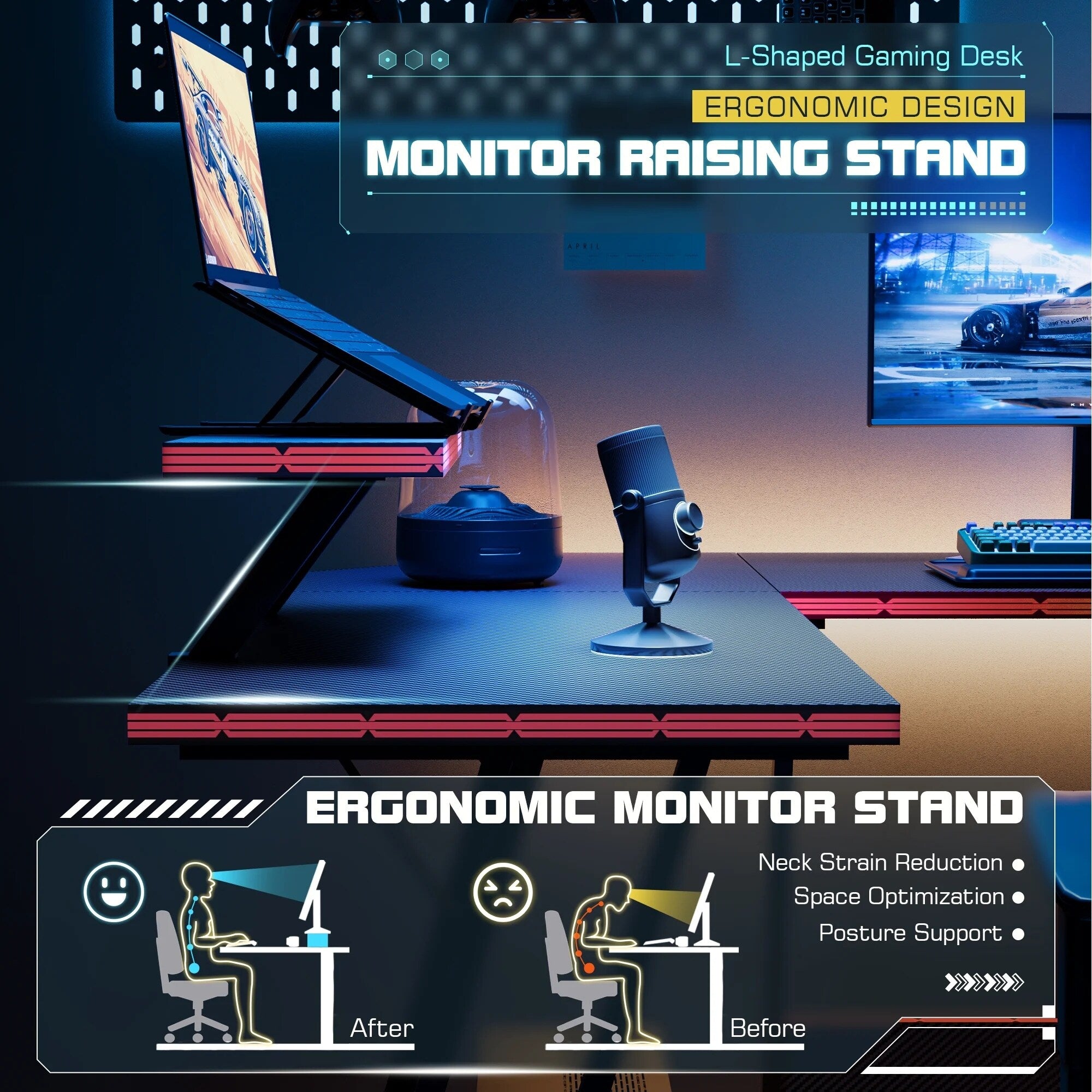 Bureau de jeu en L Homall, bureau d'angle pour ordinateur, bureau d'écriture