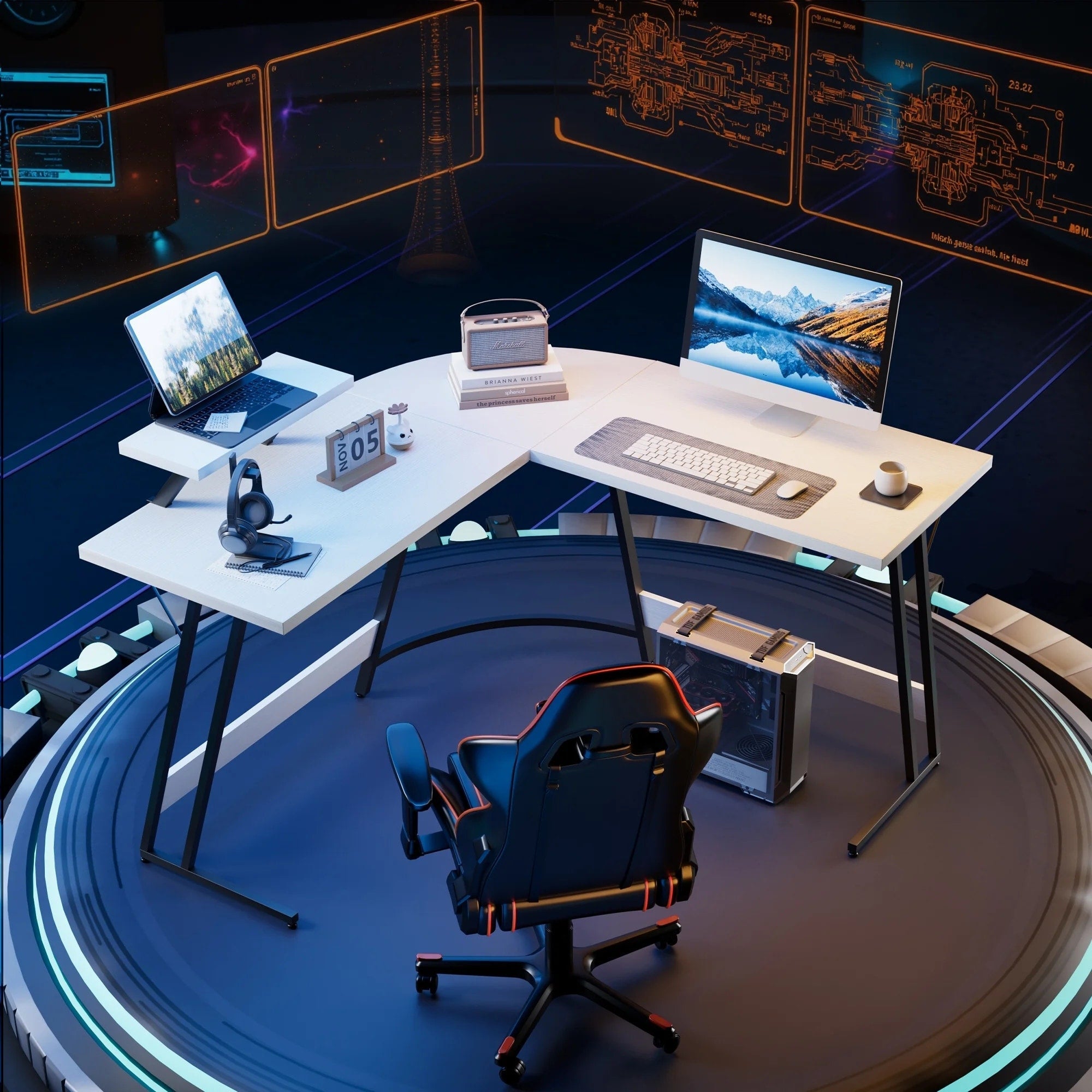 Bureau de jeu en L Homall, bureau d'angle pour ordinateur, bureau d'écriture