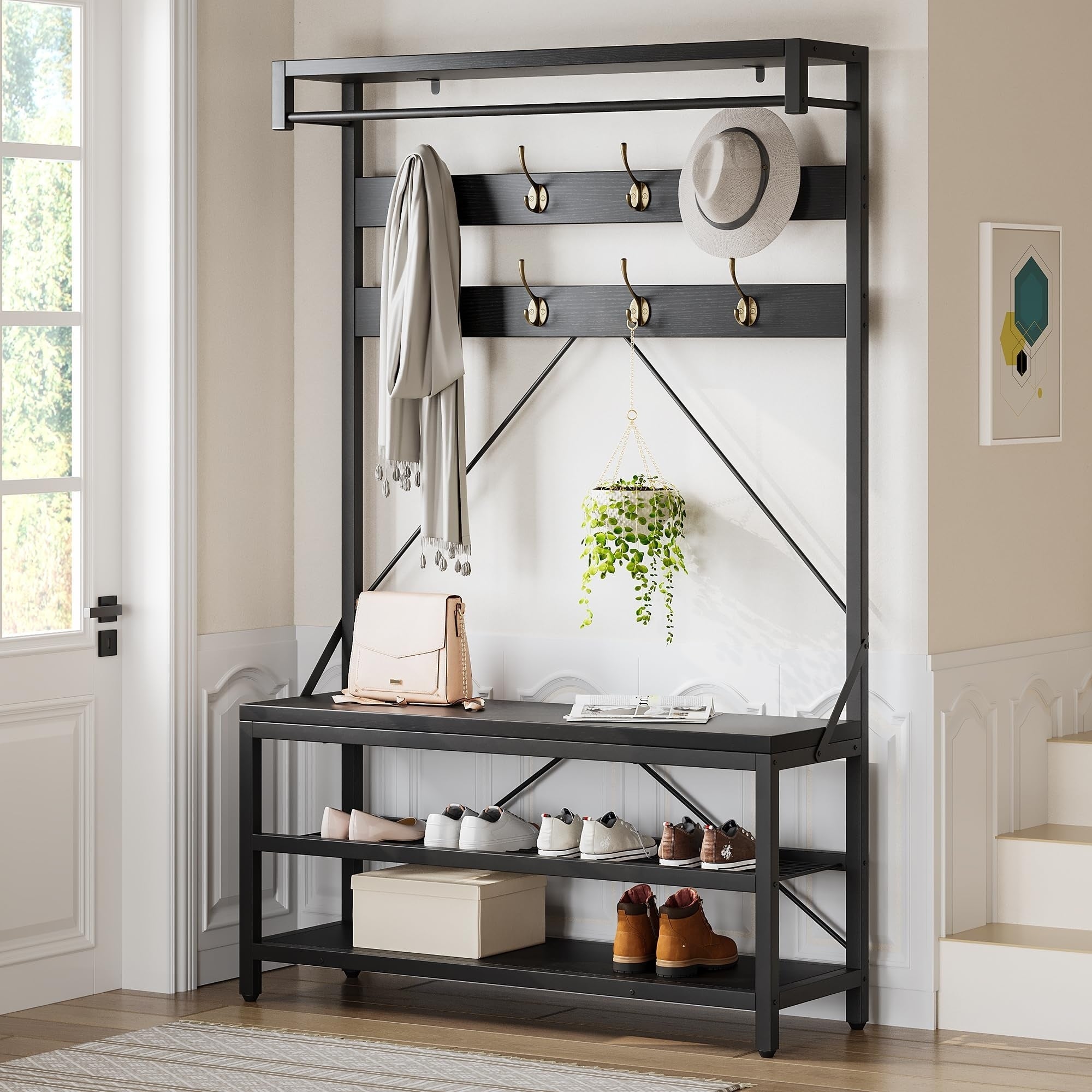 Porte-manteau d'entrée industriel avec banc à chaussures 3 en 1, porte-manteau fonctionnel