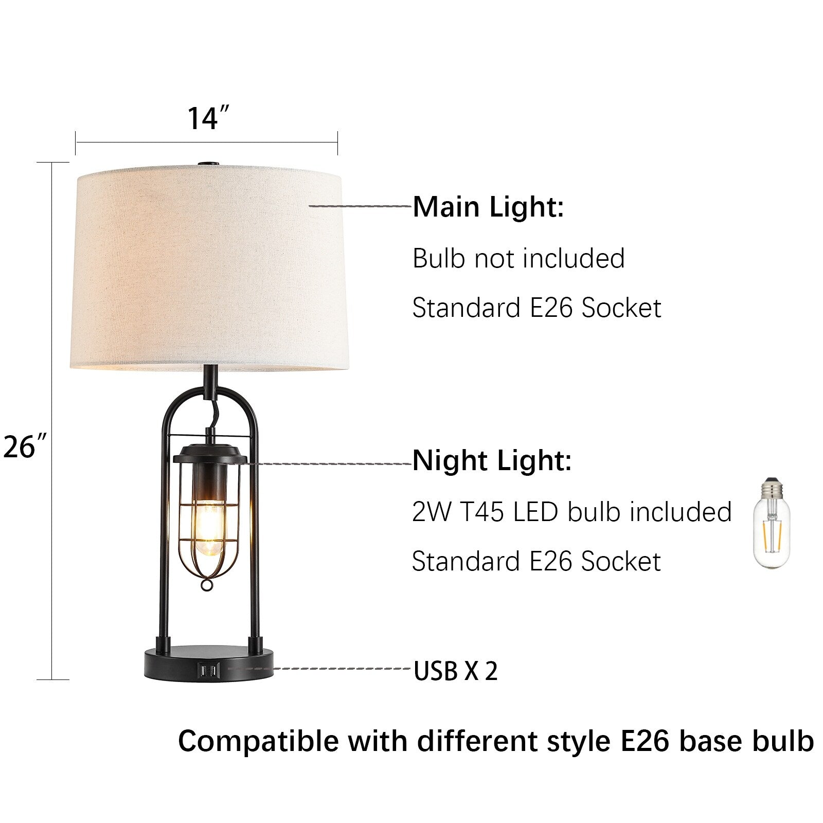 Lampe de table KAWOTI 26 pouces en bronze foncé avec ports USB et veilleuse