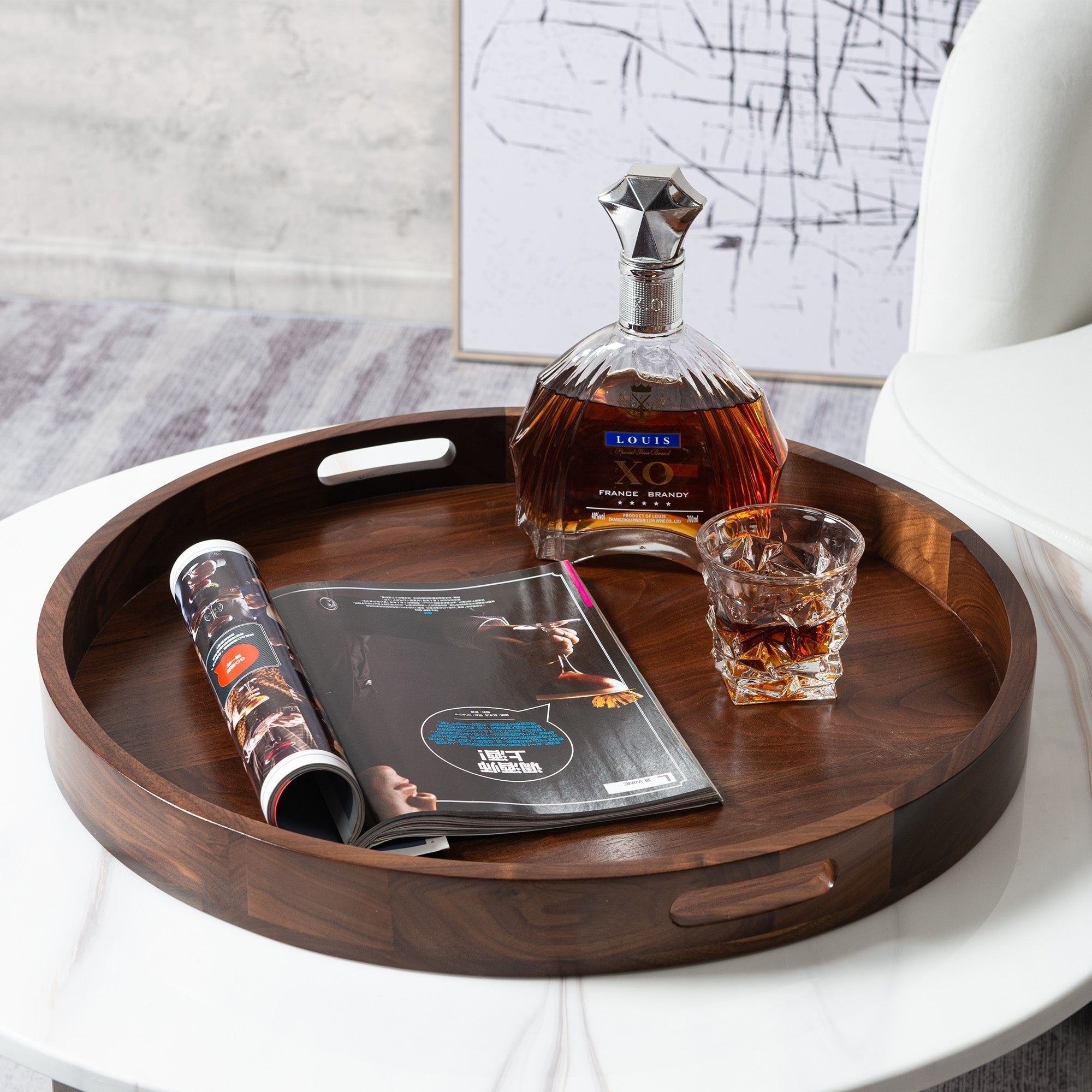 Plateau de service rond en bois de noyer noir KINWELL Plateau ottoman avec poignées