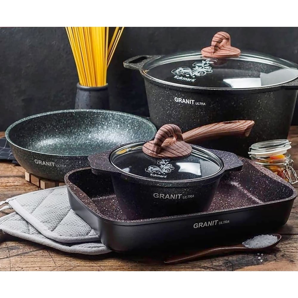 Marmite antiadhésive en aluminium et marbre KUKMARA Granit Ultra avec couvercle en verre