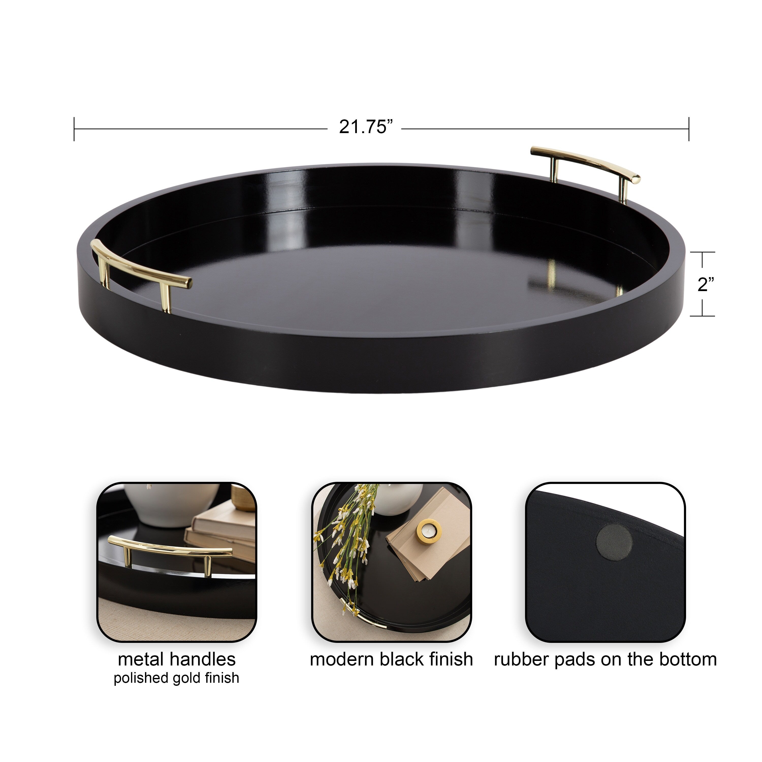 Plateau décoratif rond Kate et Laurel Lipton avec poignées en métal