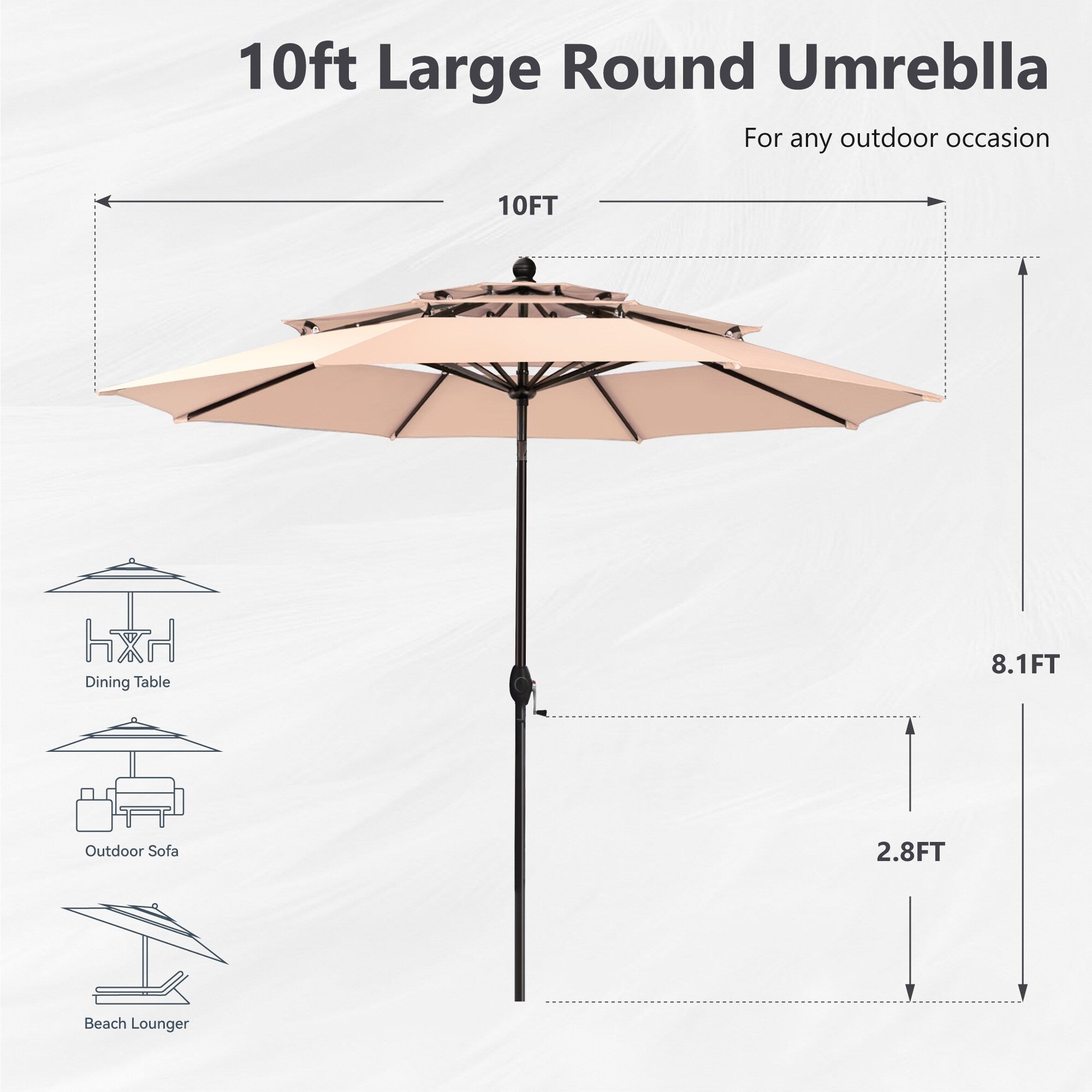 Parasol d'extérieur à 3 niveaux de 10 pieds de MAISON ARTS, compatible avec la plupart des tables de patio avec ventilation, inclinaison automatique et manivelle de levage