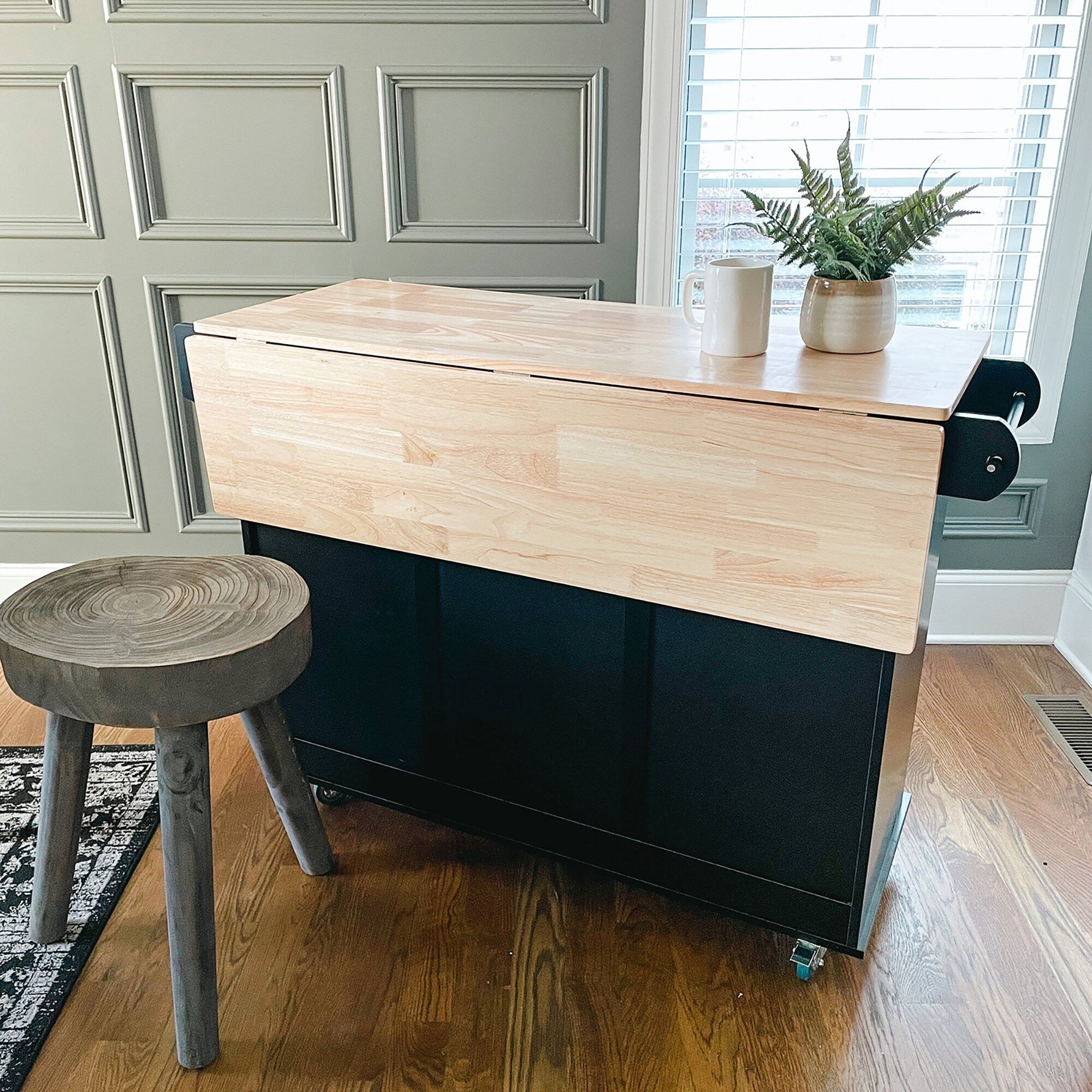 Desserte de cuisine Sophia & William avec abattant et plateau en bois d'hévéa, desserte de cuisine roulante avec grand meuble de rangement