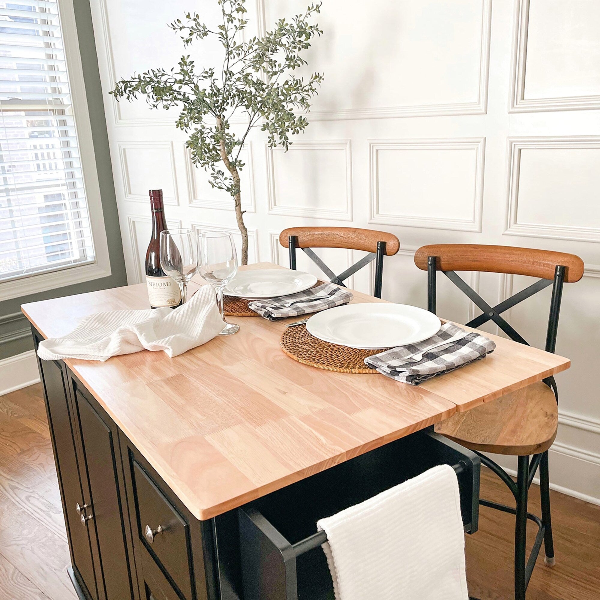 Desserte de cuisine Sophia & William avec abattant et plateau en bois d'hévéa, desserte de cuisine roulante avec grand meuble de rangement
