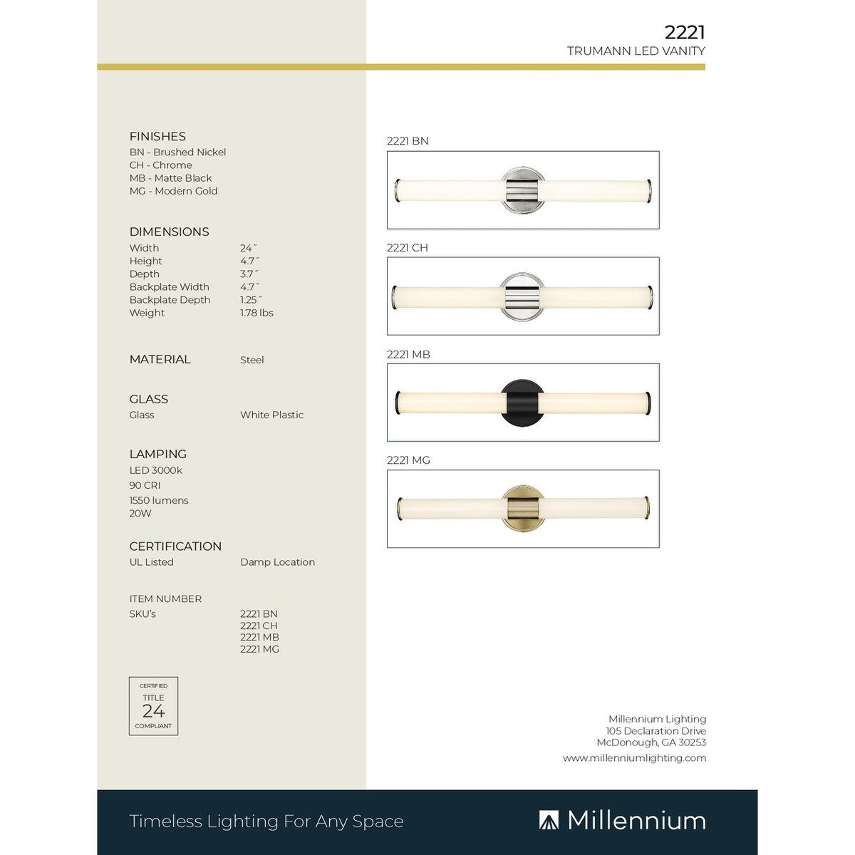 Luminaire de salle de bain à LED Truman de Millennium Lighting, disponible en plusieurs finitions
