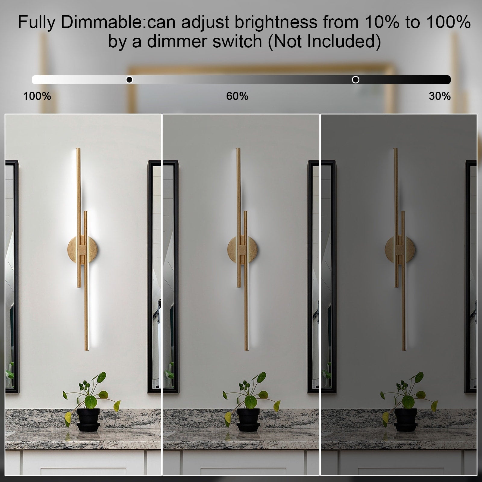 Applique murale linéaire minimaliste en métal à 2 lumières à LED et intensité variable