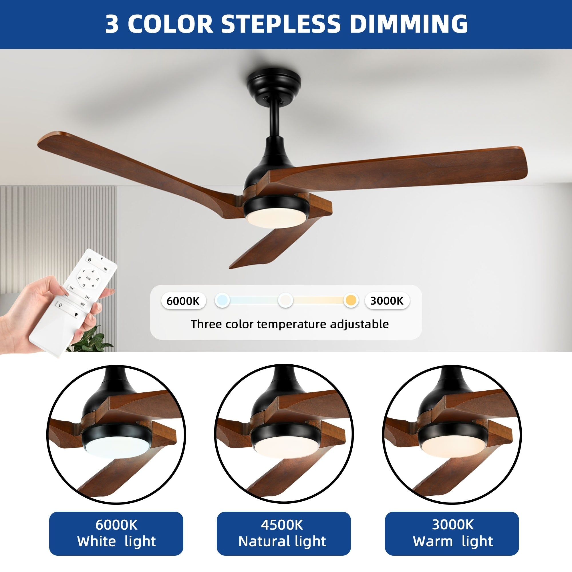 Ventilateur de plafond moderne Moasis 52 avec télécommande et lumières, 5 pales en bois massif