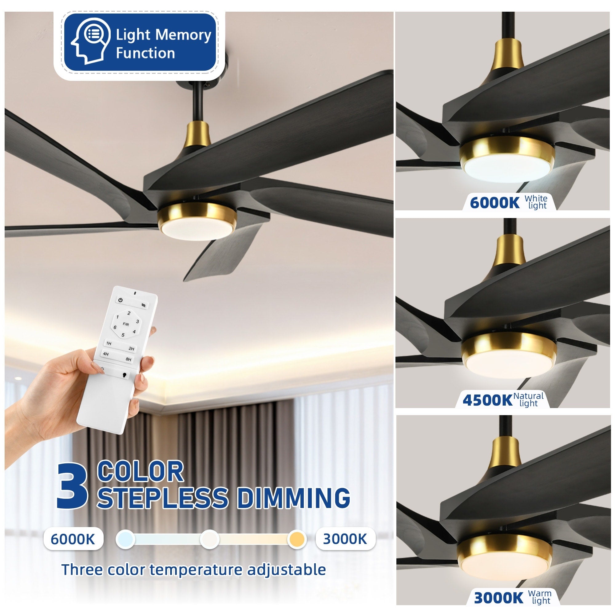 Ventilateur de plafond moderne Moasis 52 avec télécommande et lumières, 5 pales en bois massif