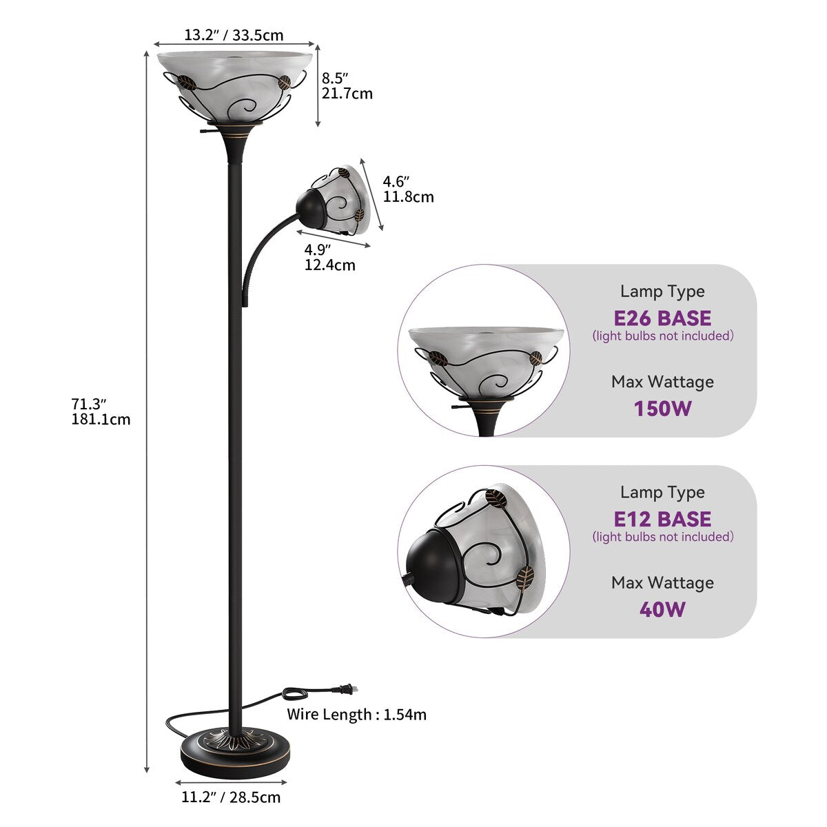 Lampadaire torchère traditionnel Moasis 71 avec lampe de lecture réglable, abat-jour en verre albâtre - 71H