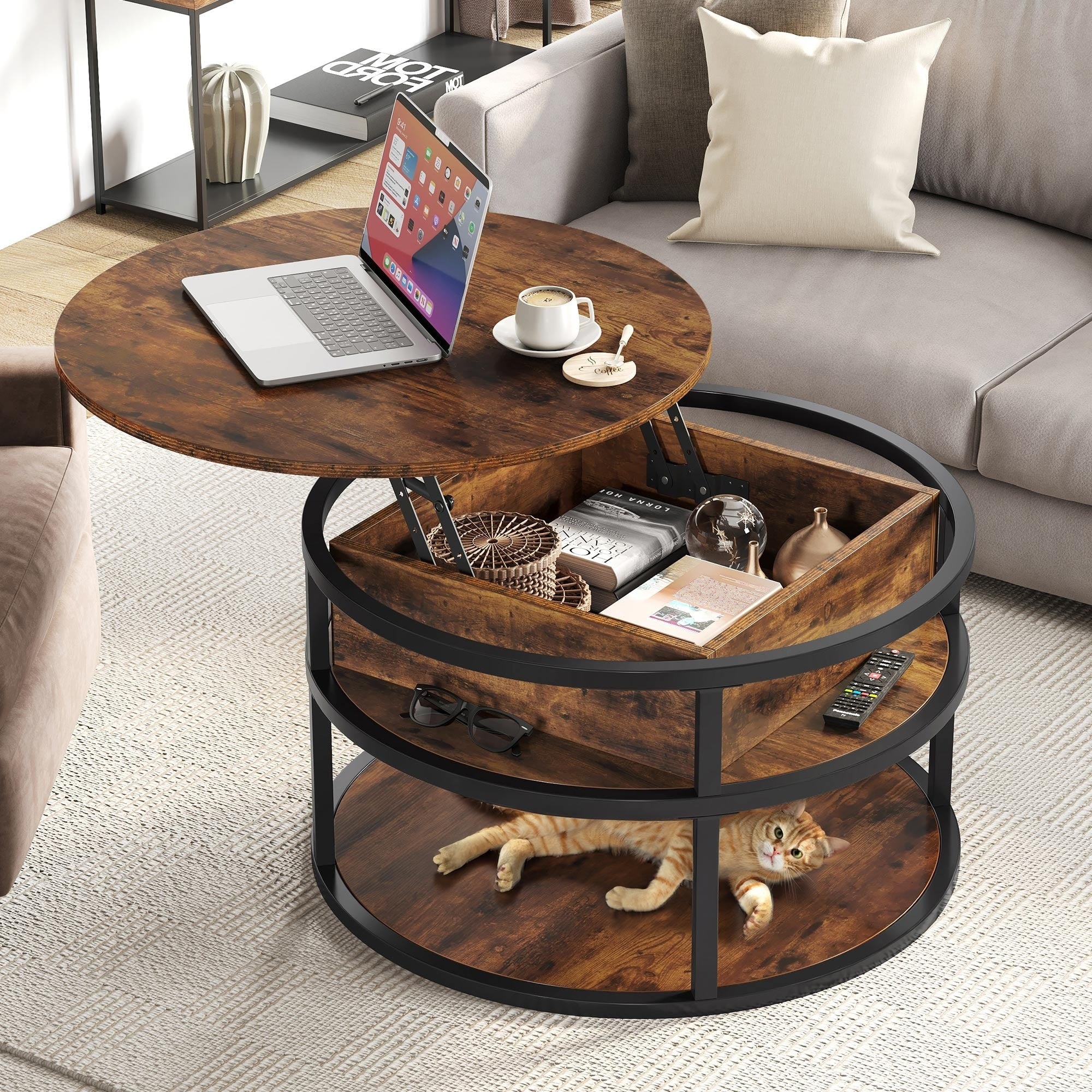 Table basse ronde relevable Moasis avec rangement dissimulé