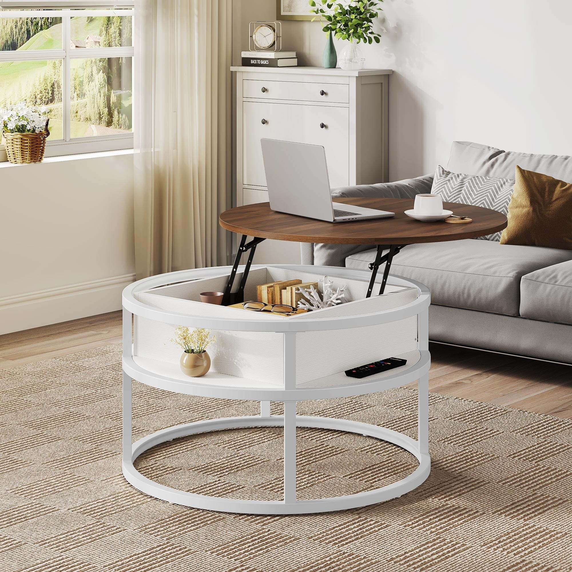Table basse ronde relevable Moasis avec rangement dissimulé