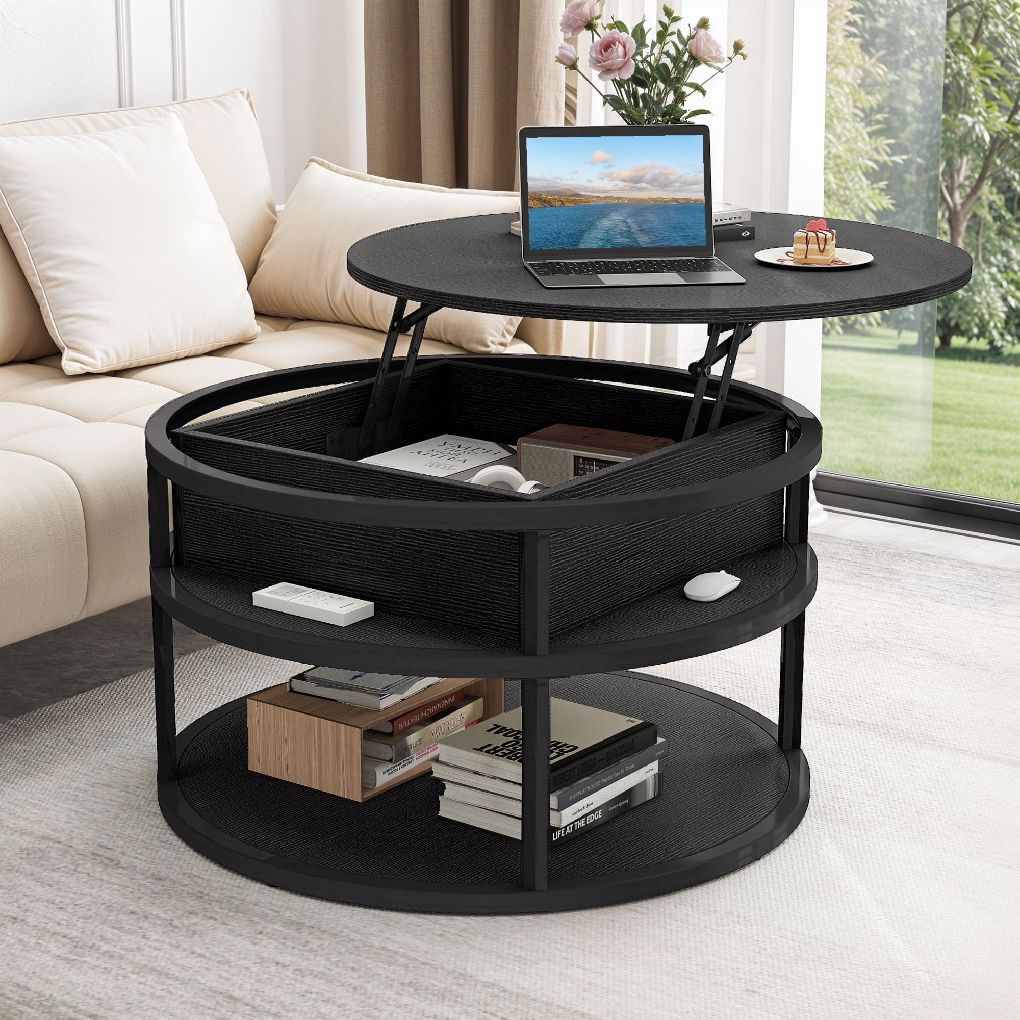 Table basse ronde relevable Moasis avec rangement dissimulé