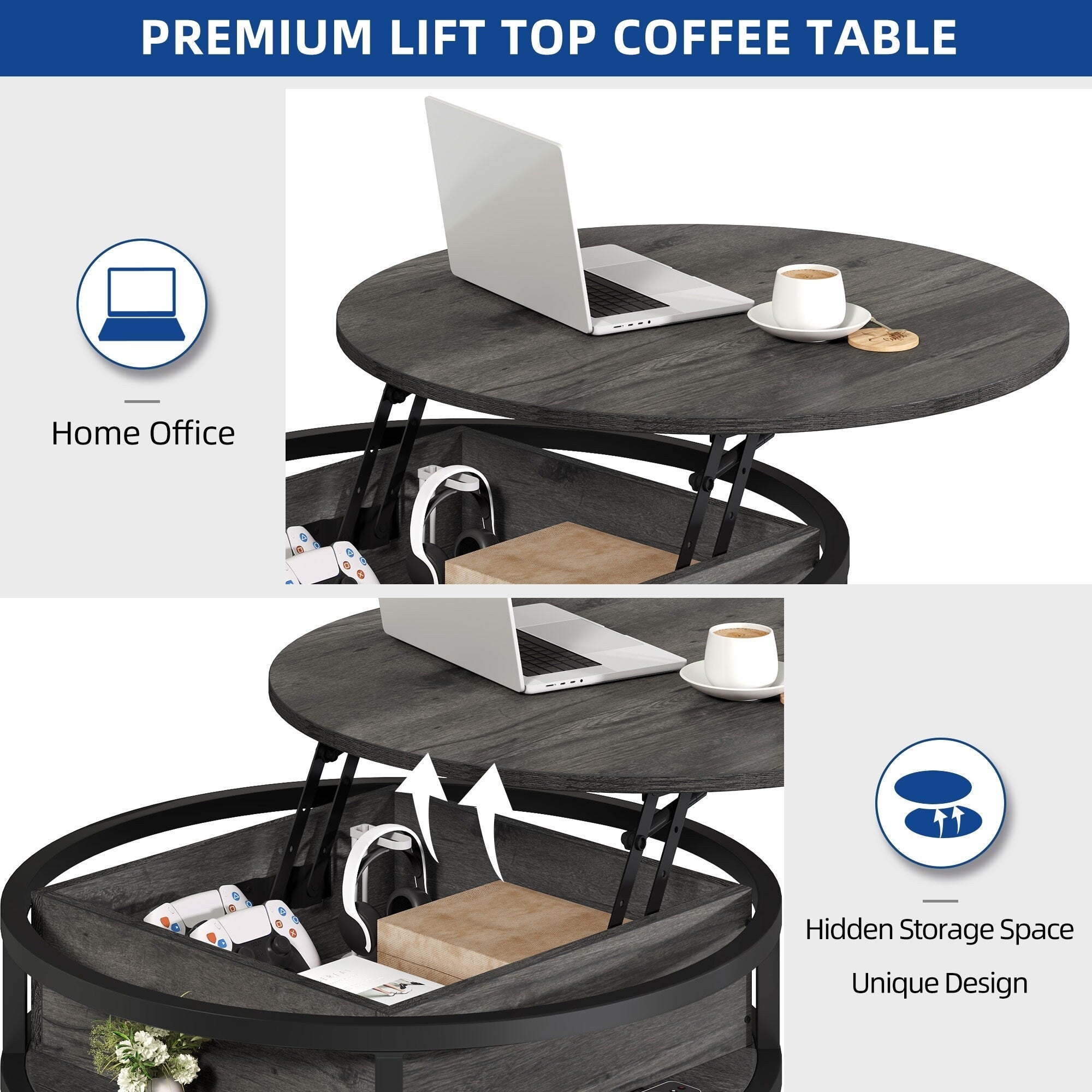 Table basse ronde relevable Moasis avec rangement dissimulé