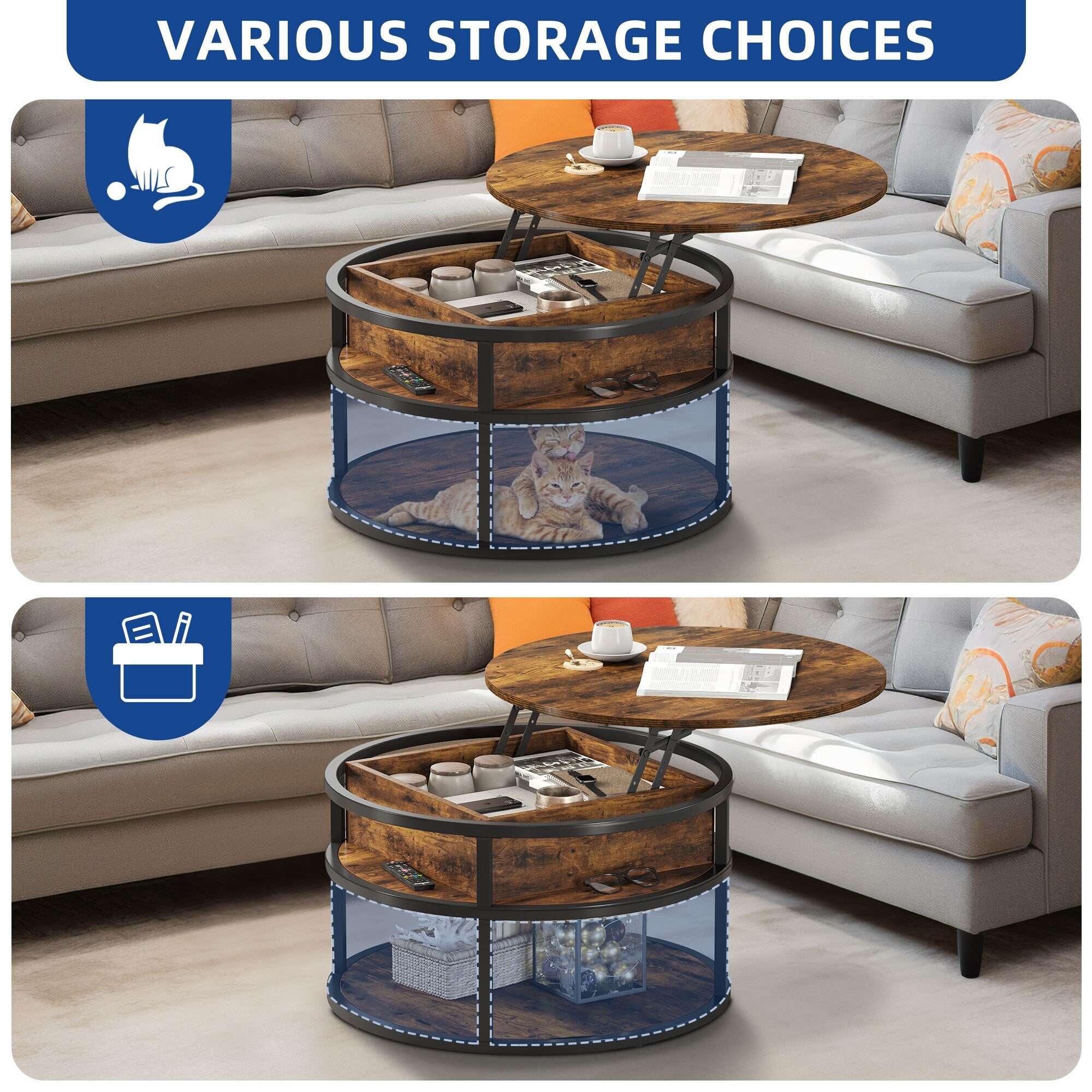 Table basse ronde relevable Moasis avec rangement dissimulé