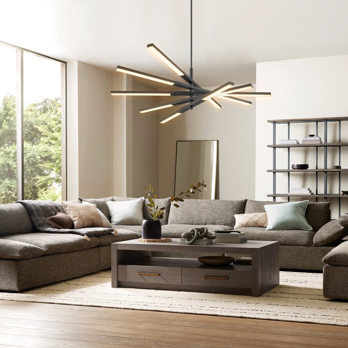 Lustre moderne à plusieurs niveaux Spoutnik linéaire, lumière chaude 3 000 K, LED intégrée