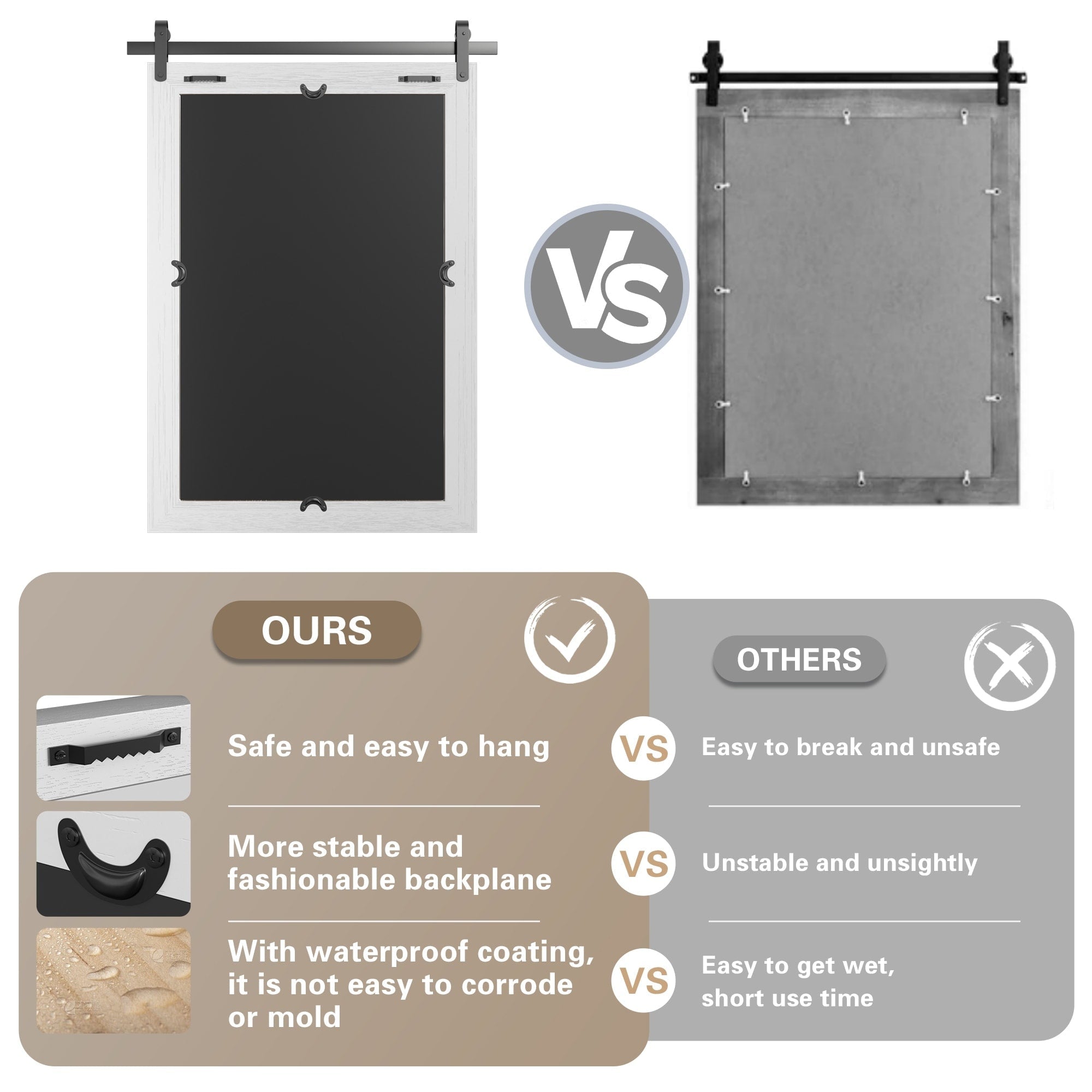 Miroirs muraux modernes, miroir rectangulaire avec cadre en bois, miroir de salle de bain, miroir de grange, miroir de porte de grange avec plusieurs tailles