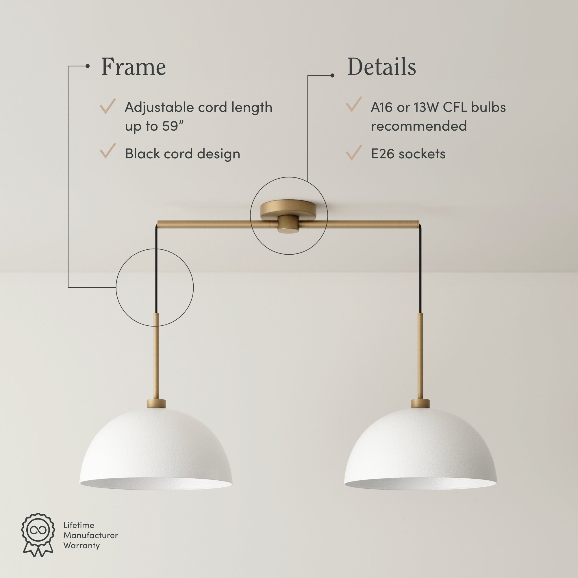Luminaire suspendu moderne à 2 lumières pour îlot Nathan James Percy, avec abat-jour en métal et cordon réglable