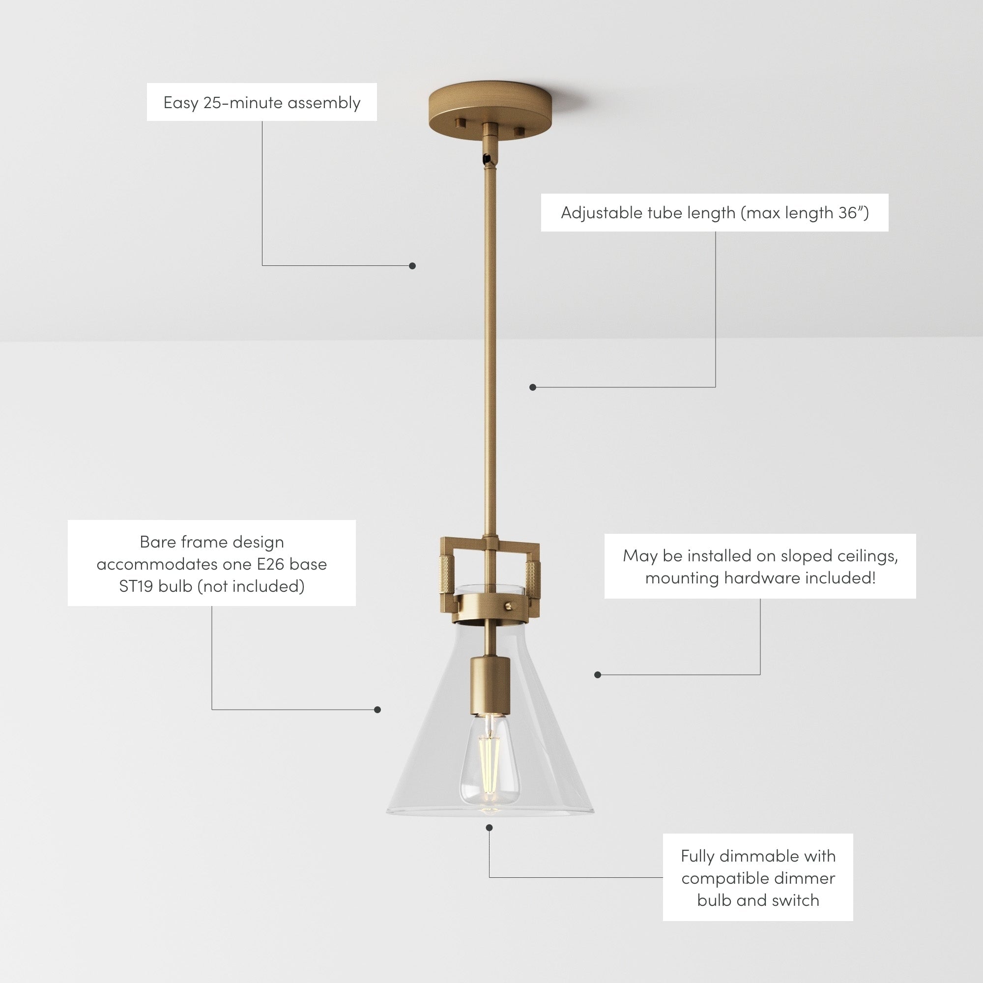 Suspension en verre Nathan James Vincent, luminaire suspendu avec tige réglable et abat-jour transparent
