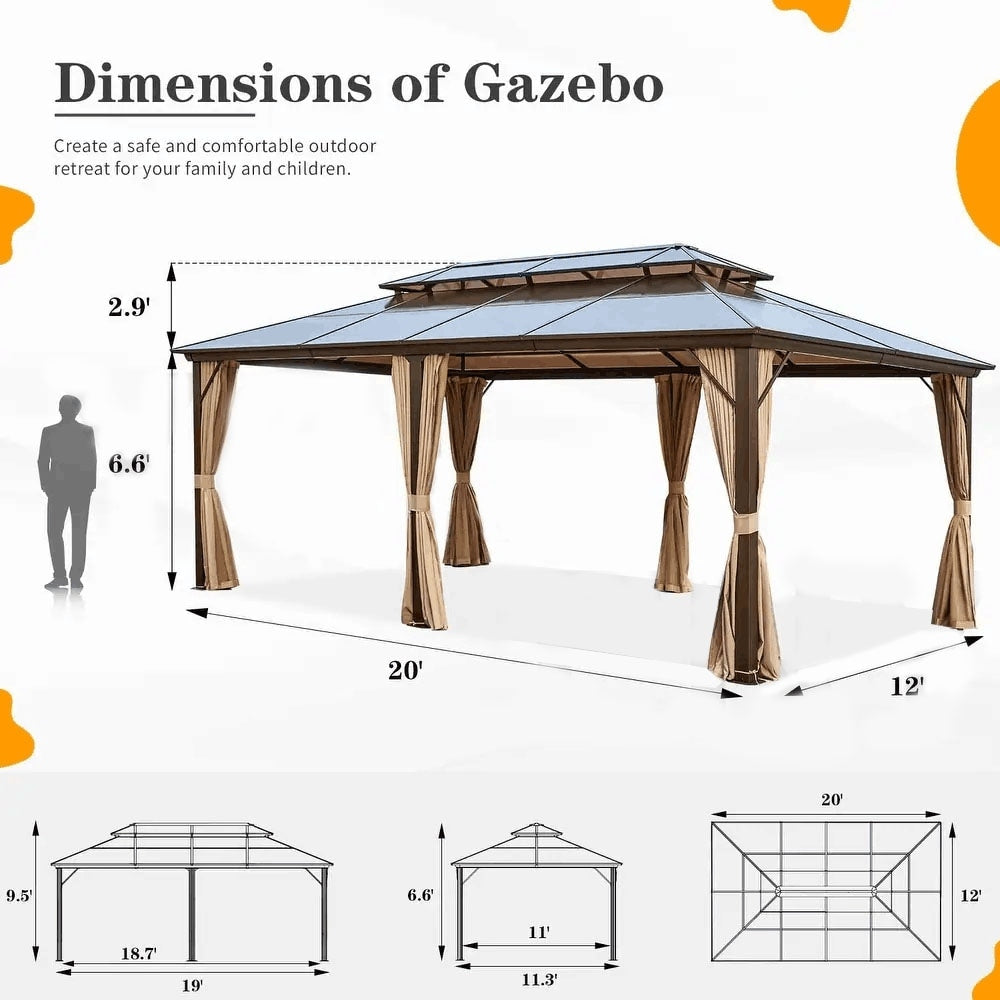 Gazebo à toit rigide EROMMY, pergola d'extérieur avec double toit, filet et rideaux, auvent robuste pour patio, arrière-cour, fête au bord de la piscine