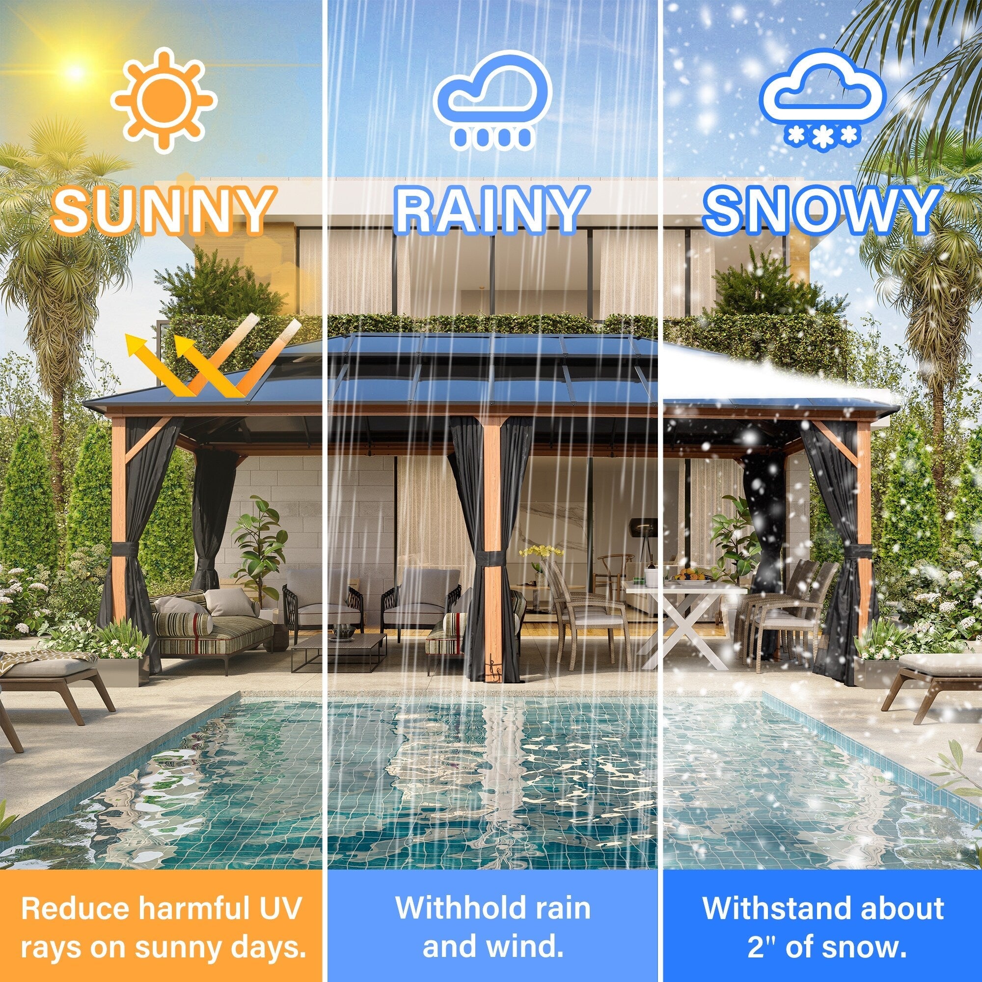 Gazebo à toit rigide EROMMY, pergola d'extérieur avec double toit, filet et rideaux, auvent robuste pour patio, arrière-cour, fête au bord de la piscine