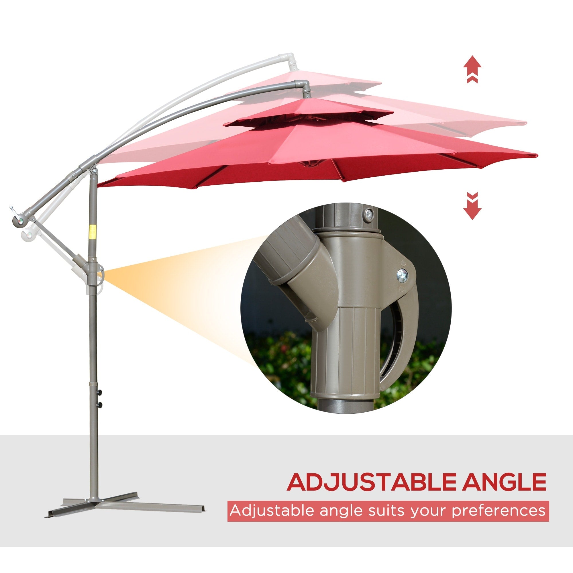 Parasol déporté Outsunny 9' à 2 niveaux avec manivelle, base croisée et 8 baleines, parasol de jardin déporté pour terrasse
