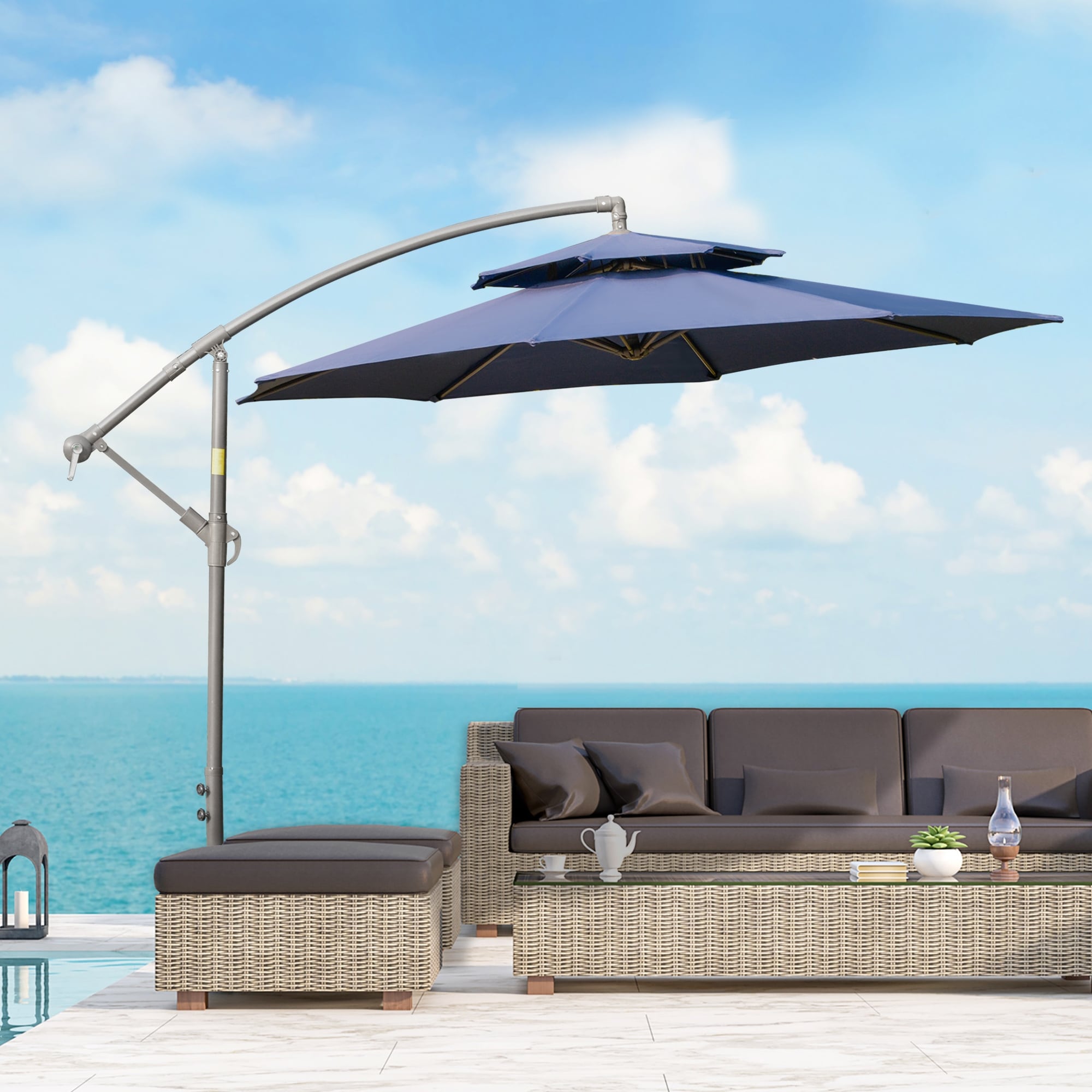 Parasol déporté Outsunny 9' à 2 niveaux avec manivelle, base croisée et 8 baleines, parasol de jardin déporté pour terrasse