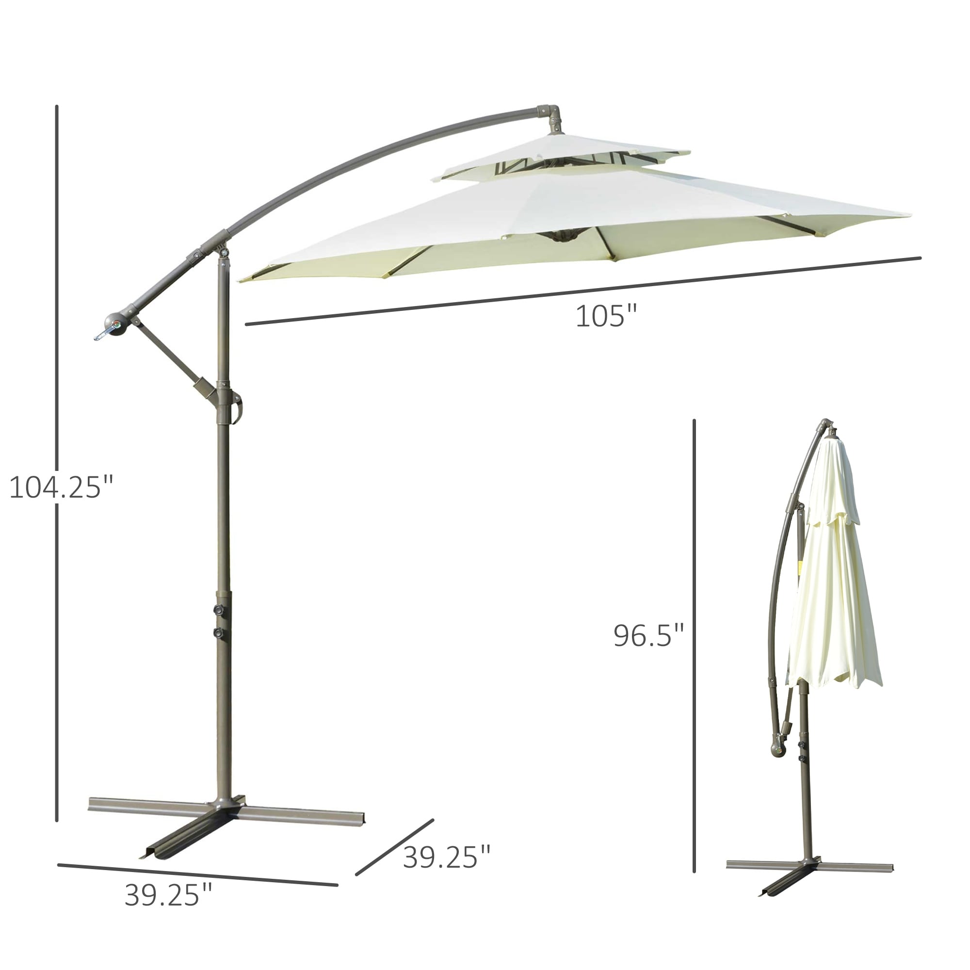 Parasol déporté Outsunny 9' à 2 niveaux avec manivelle, base croisée et 8 baleines, parasol de jardin déporté pour terrasse