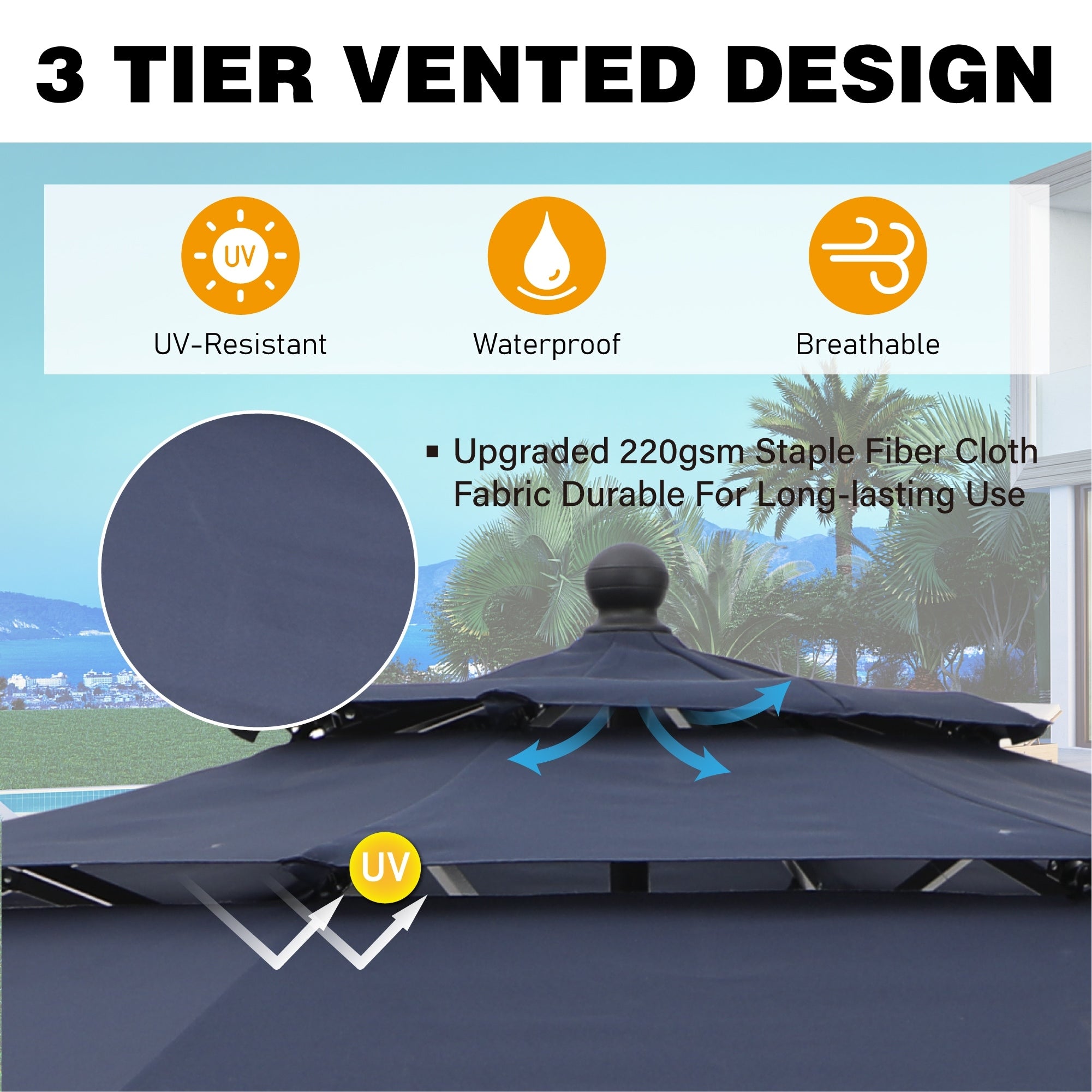 Parasol d'extérieur à 3 niveaux de 10 pieds de MAISON ARTS, compatible avec la plupart des tables de patio avec ventilation, inclinaison automatique et manivelle de levage